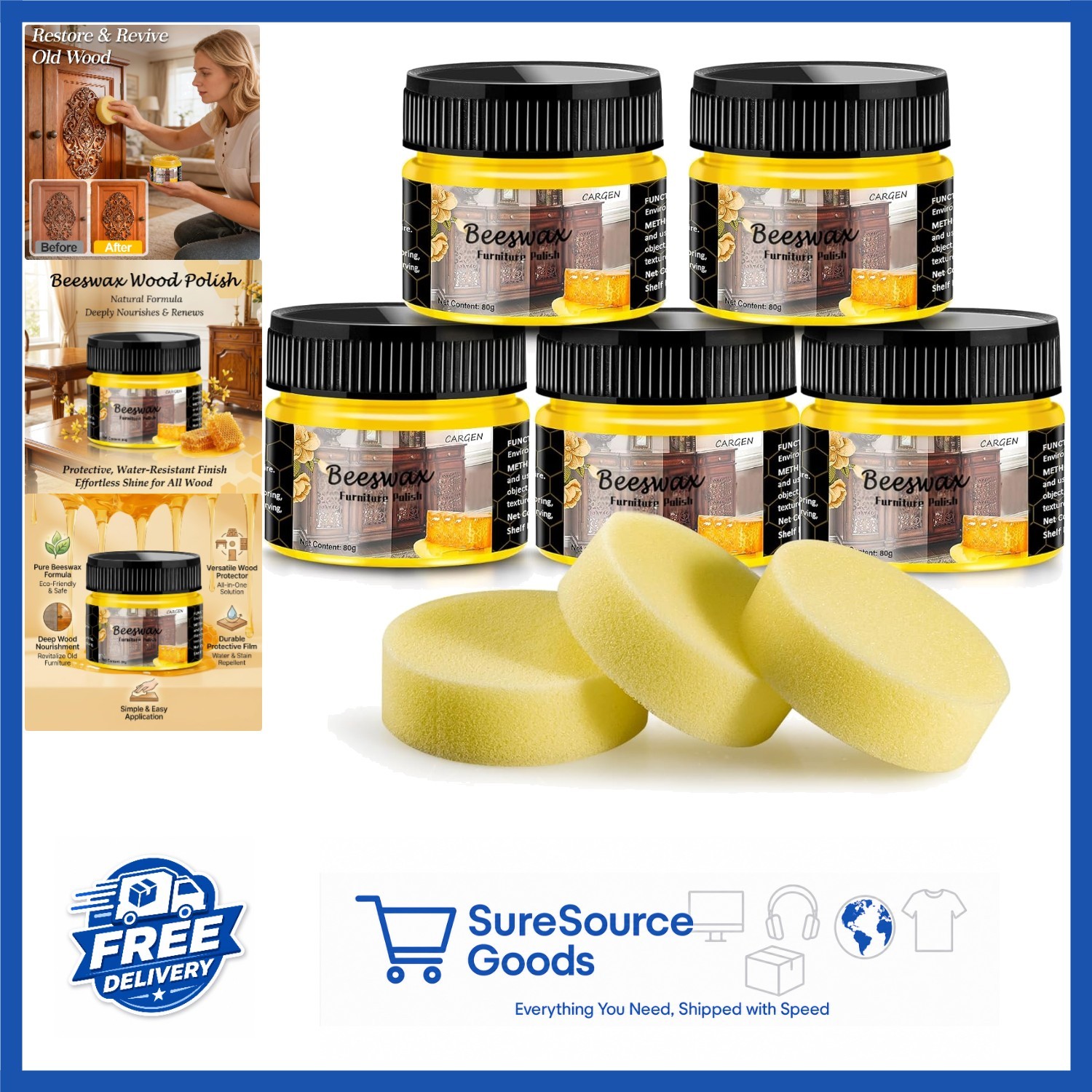 Beeswax Wood Polish and Sponges Set for Cabinets, Floors, and Furniture Care