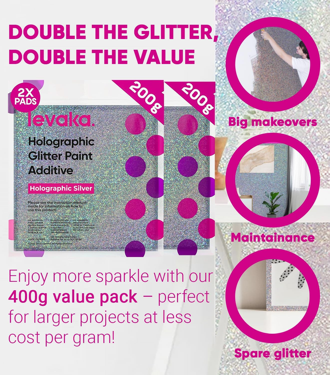 LEVAKA Glitter Paint Additive for Walls – Holographic Silver Paint Glitter for P