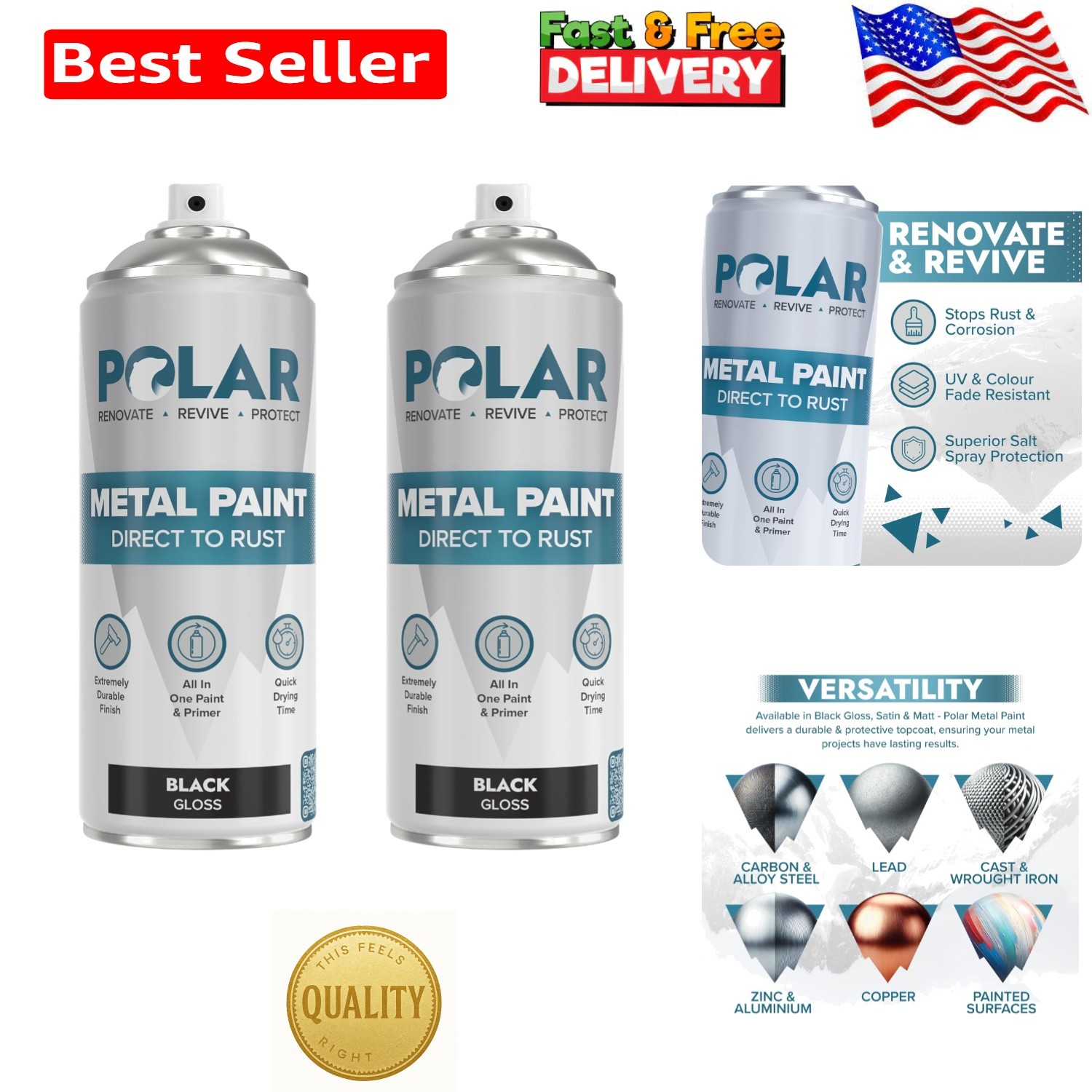 Quick-Dry Polar Gloss Black Direct to Rust Paint – 2 Cans of 13.5 Fl Oz Each