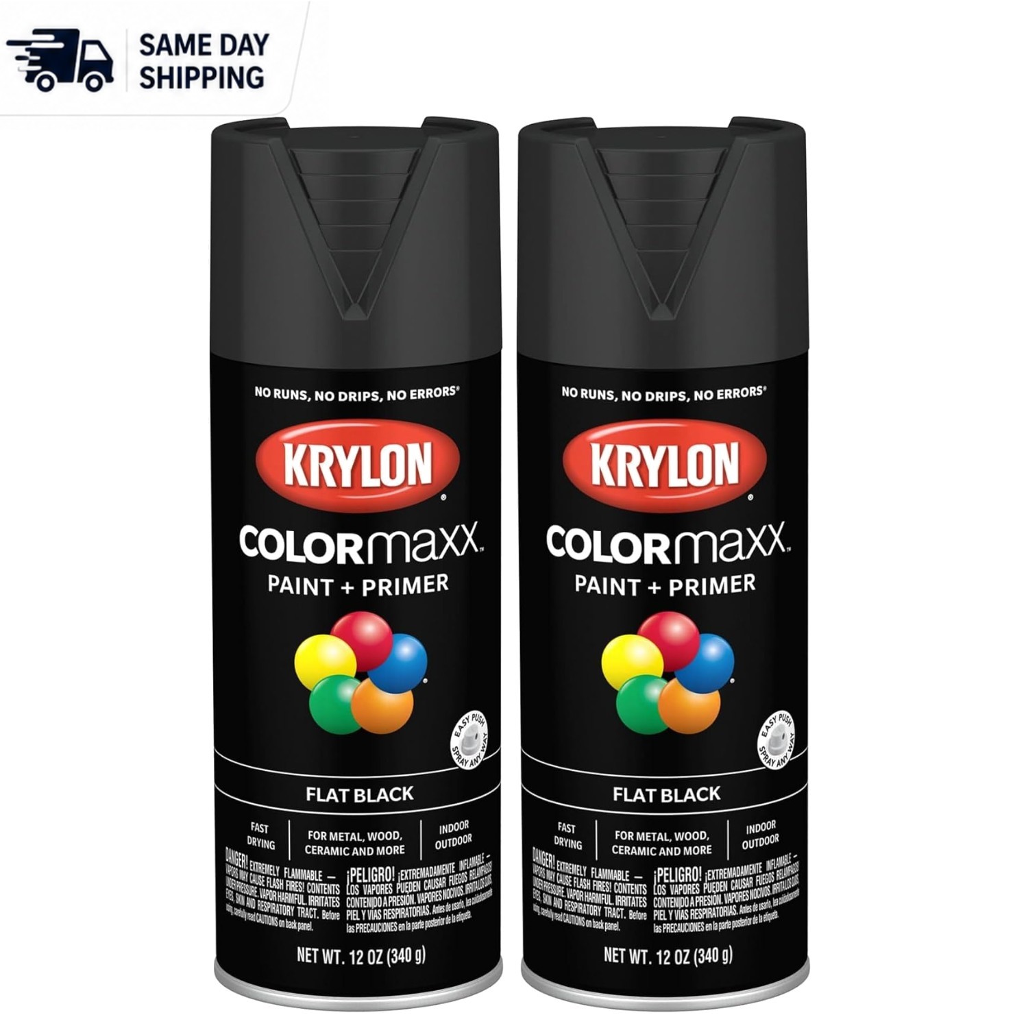 COLORmaxx Indoor/Outdoor Flat Black Spray Paint – Rust-Resistant, 12oz x 2 Cans