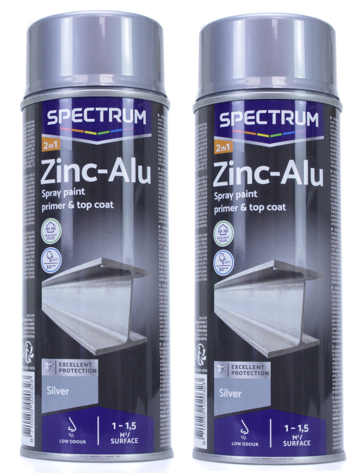 Lot 2 Spray Paint 2in1 Primer / Paint Aluminium / Zinc Silver 2x400ml