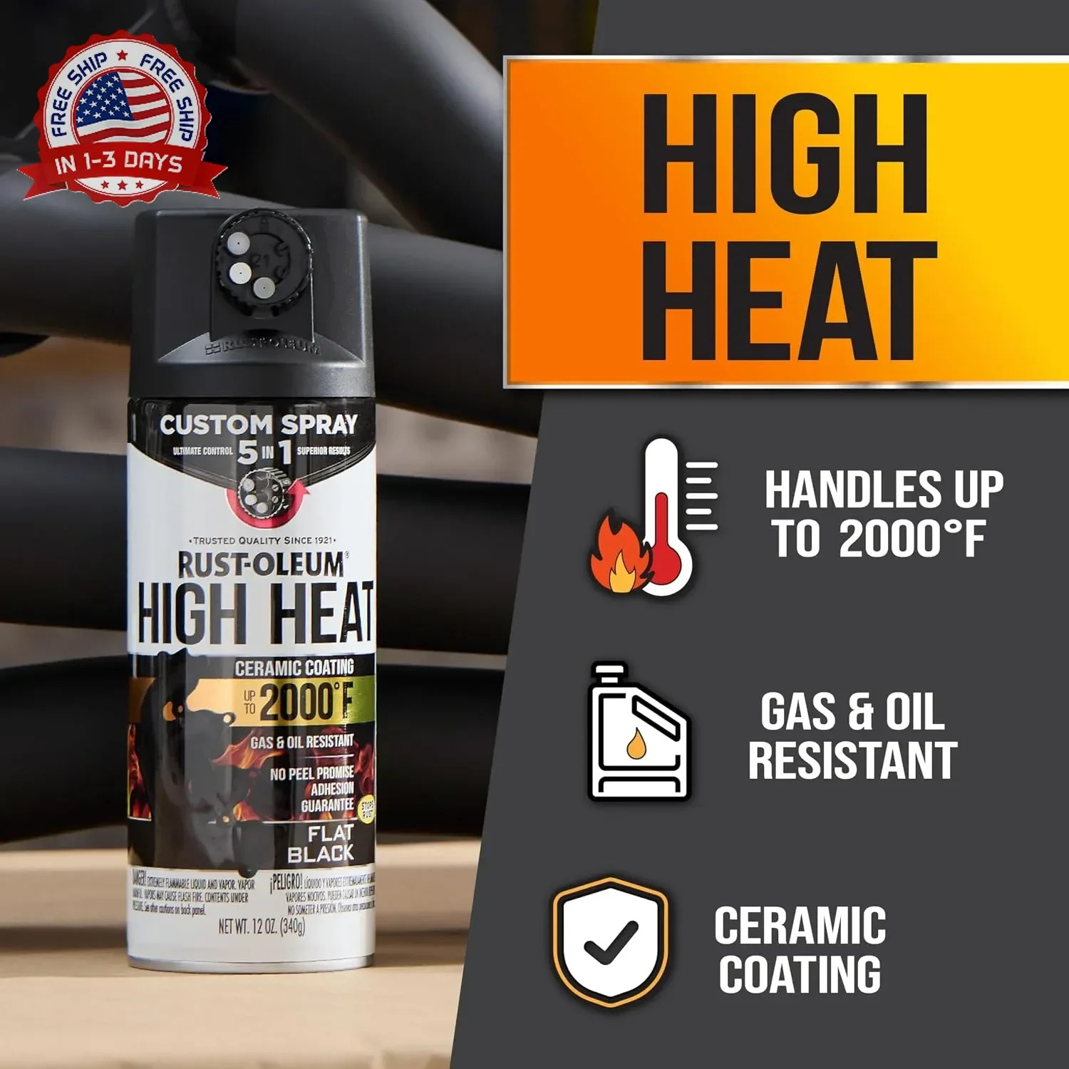 Rust-Oleum Automotive High Heat Spray Paint Custom Spray 5-in-1, 12 oz, Flat Bla