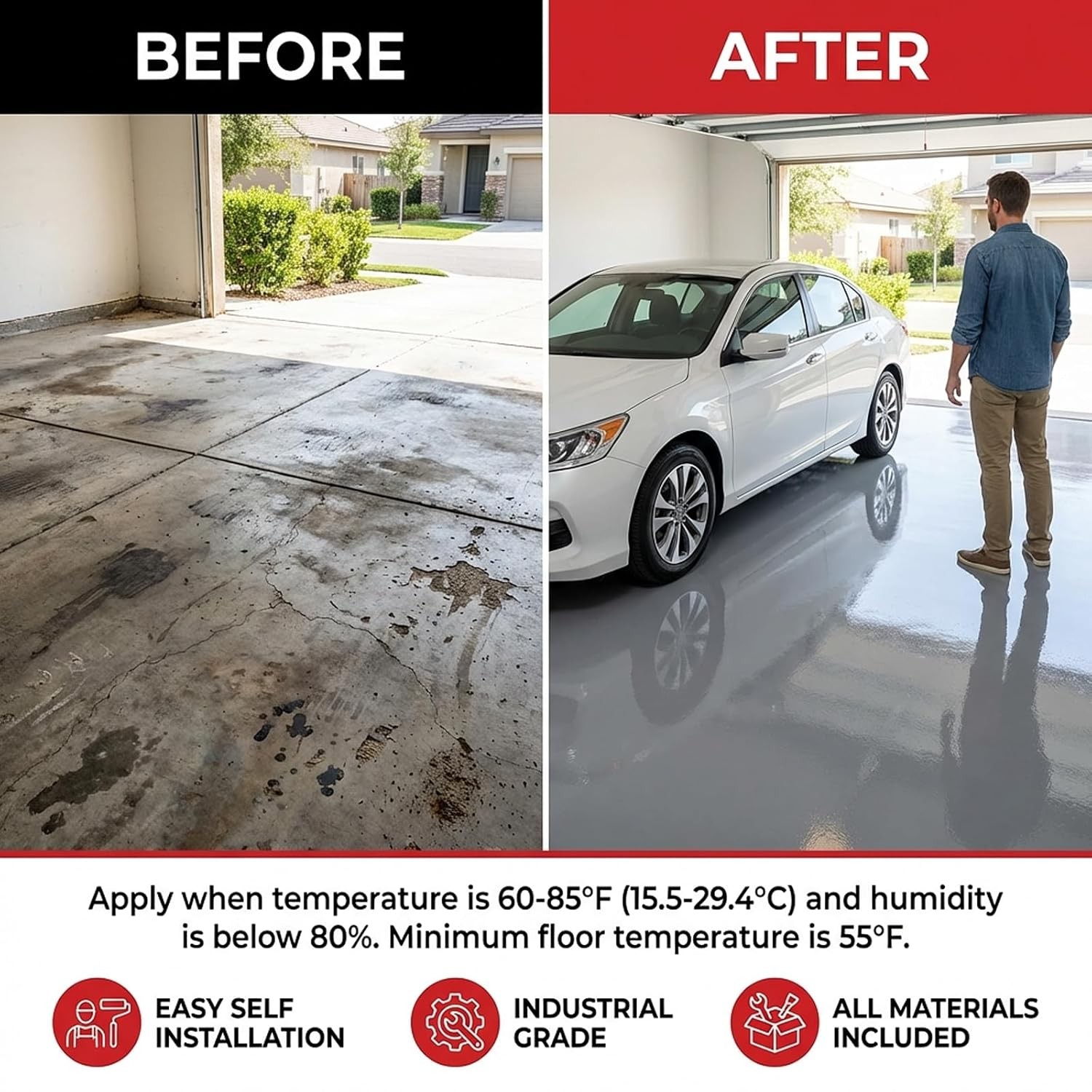 Garage Floor Epoxy Kit Concrete Coating Gray High Gloss 64oz Paint, 100-125sq ft