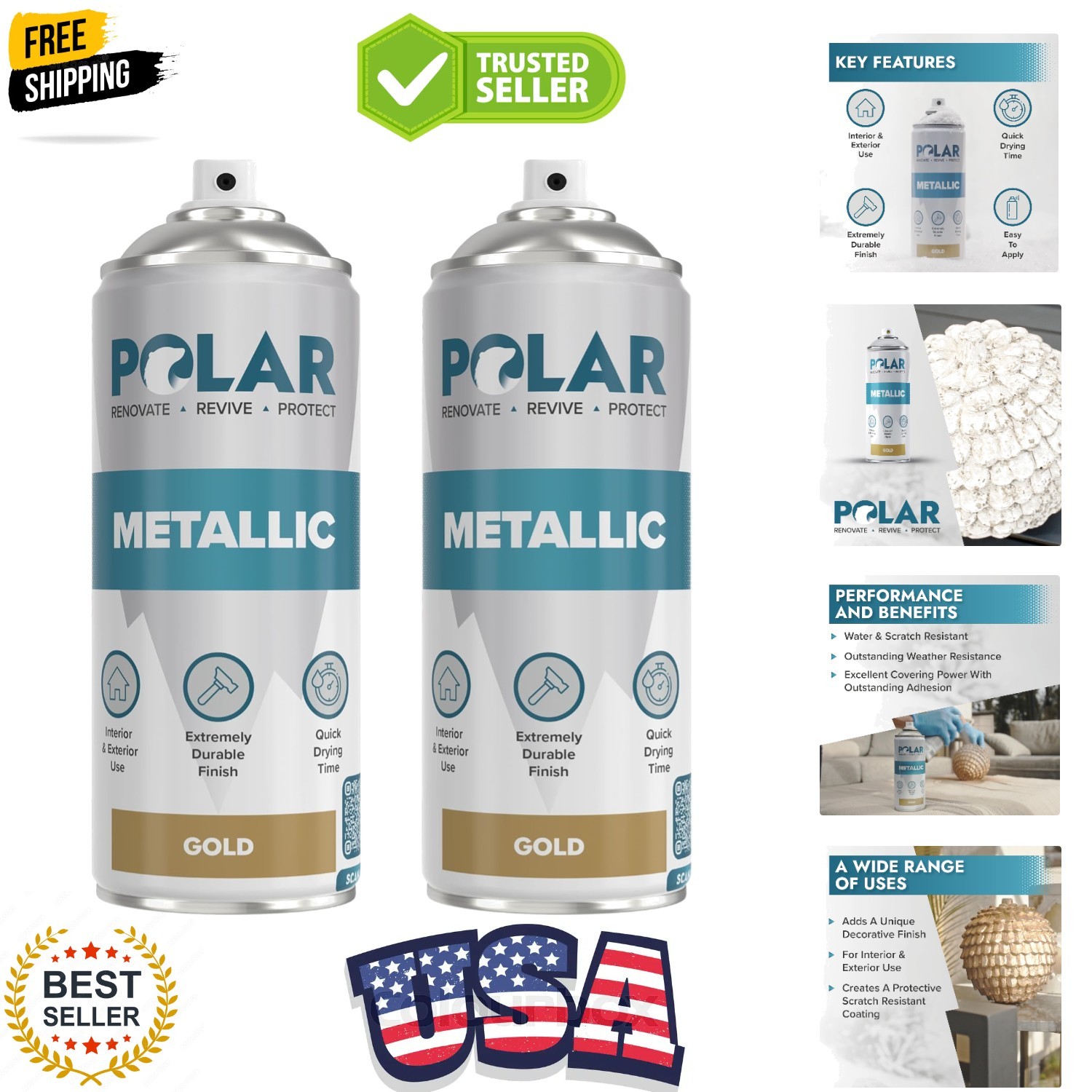 Polar Metallic Gold Spray Paint – 2 x 13.5 Fl Oz | Multi-Purpose Interior & E…