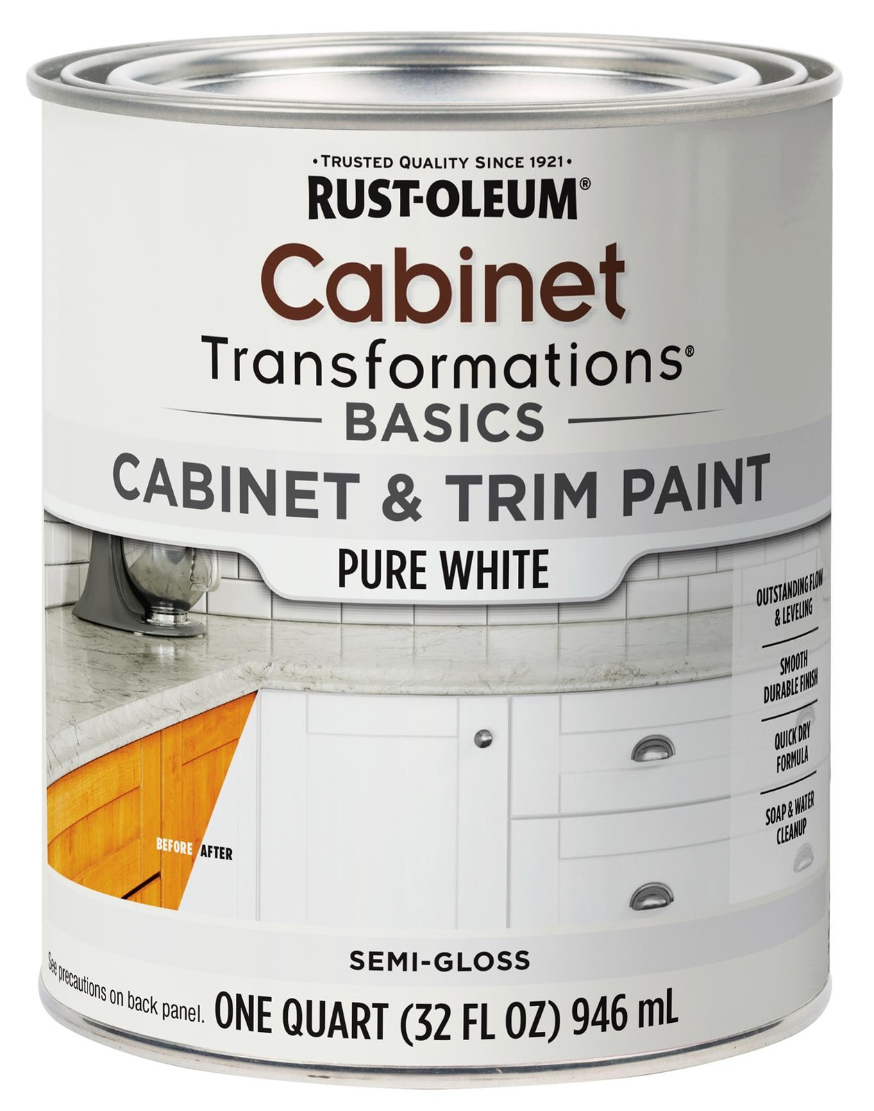Rust-Oleum Cabinet & Trim Paint, Pure White, Semi-Gloss, Quart – 372007