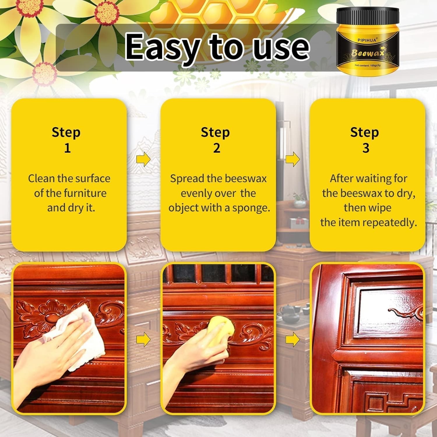 Multipurpose Natural Beeswax Polish for Wood – Waterproof Restore Kit w/ Sponges