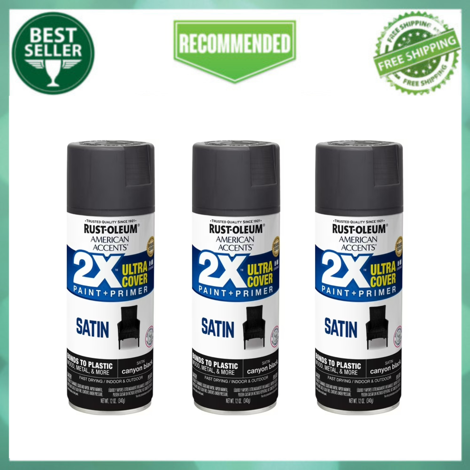 Black Rust-Oleum American Accents 2X Ultra Cover Satin Spray Paint, 12 oz – 3pk