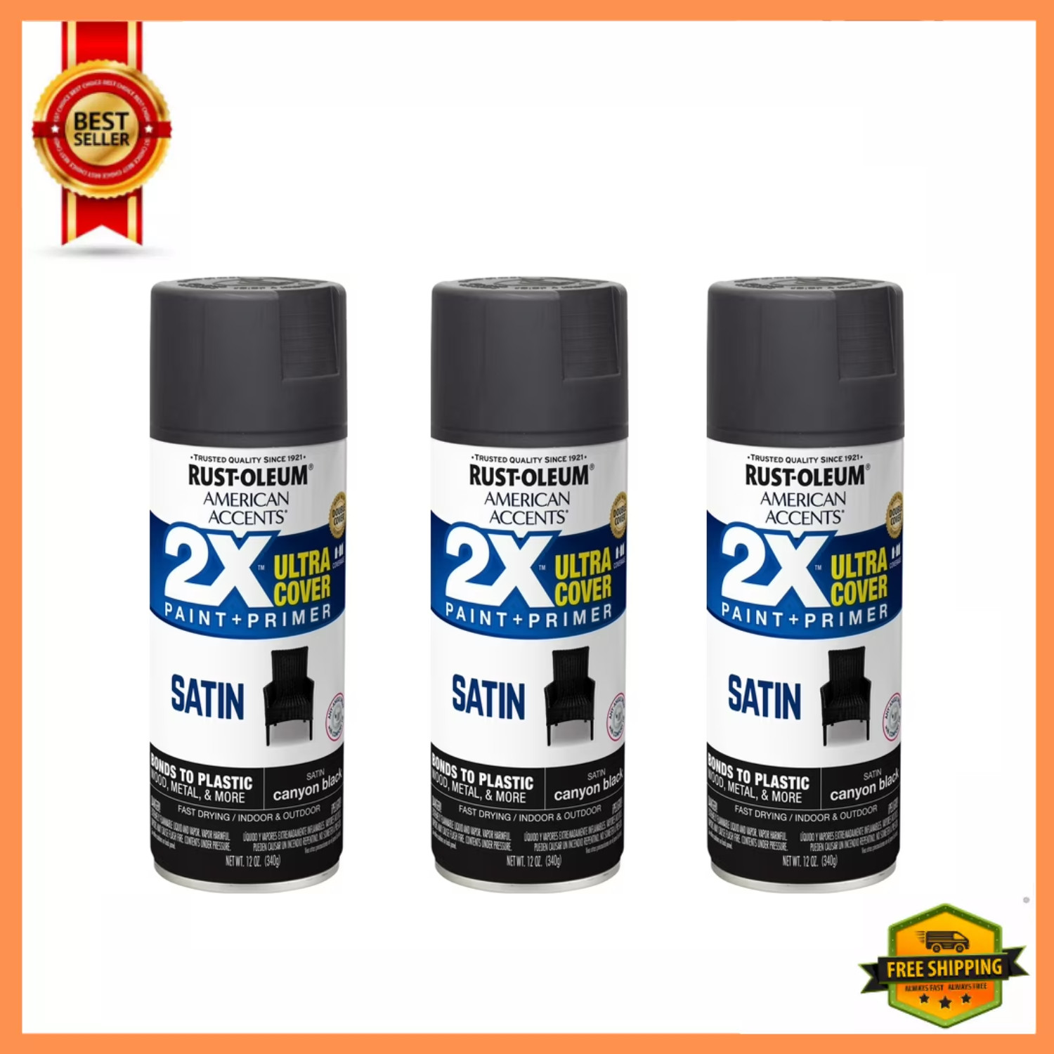 Black Rust-Oleum American Accents 2X Ultra Cover Satin Spray Paint, 12 oz – 3pk