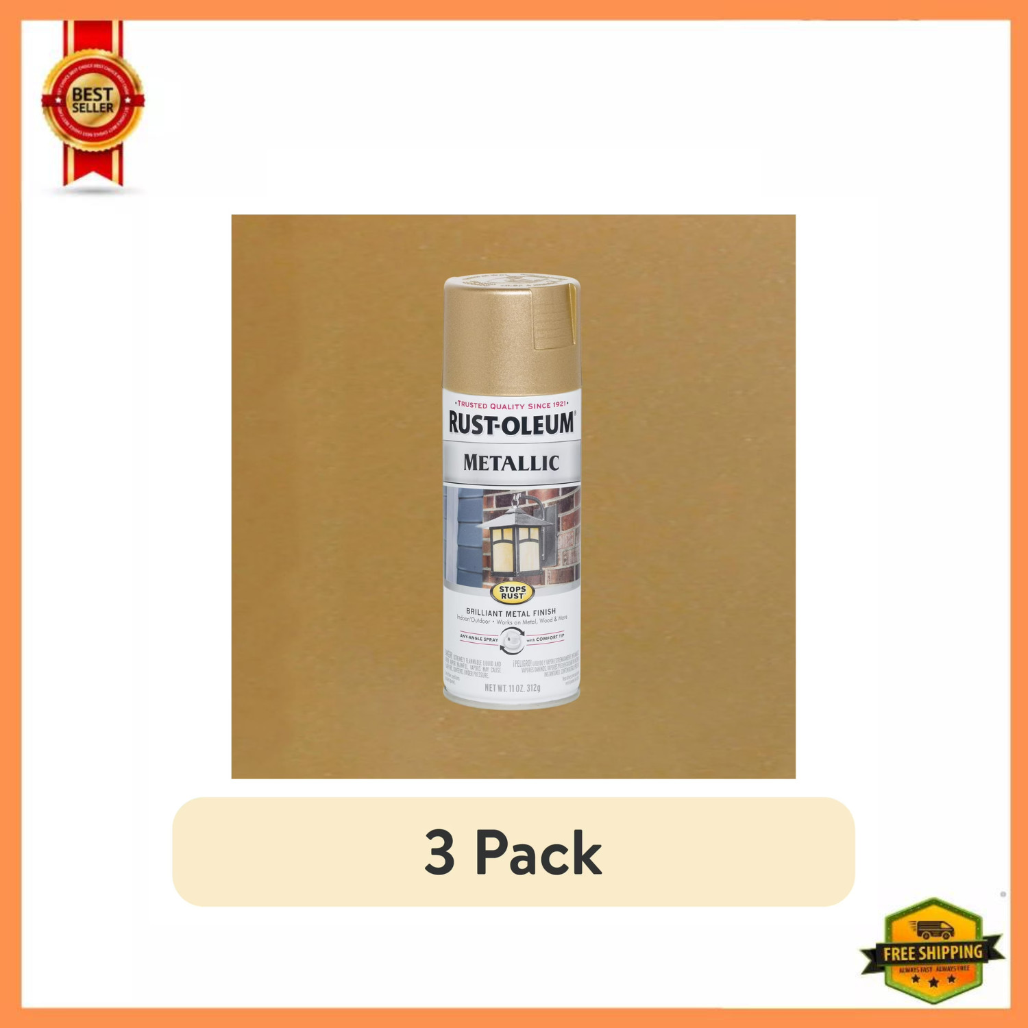 Rust-Oleum Stops Rust Vintage Metallic Spray Paint Warm Gold 11oz 3 Pack