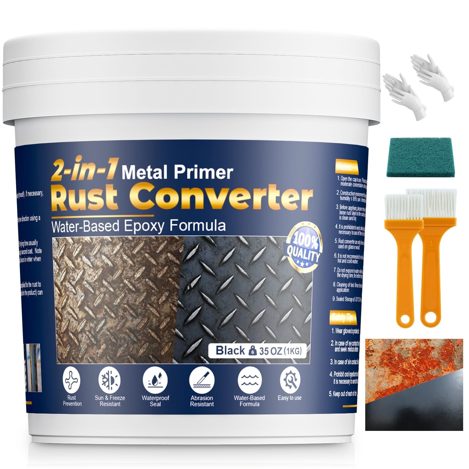 Rust Converter & Metal Primer, 2-in-1 Black Rust Remover Paint Water-Based Me…