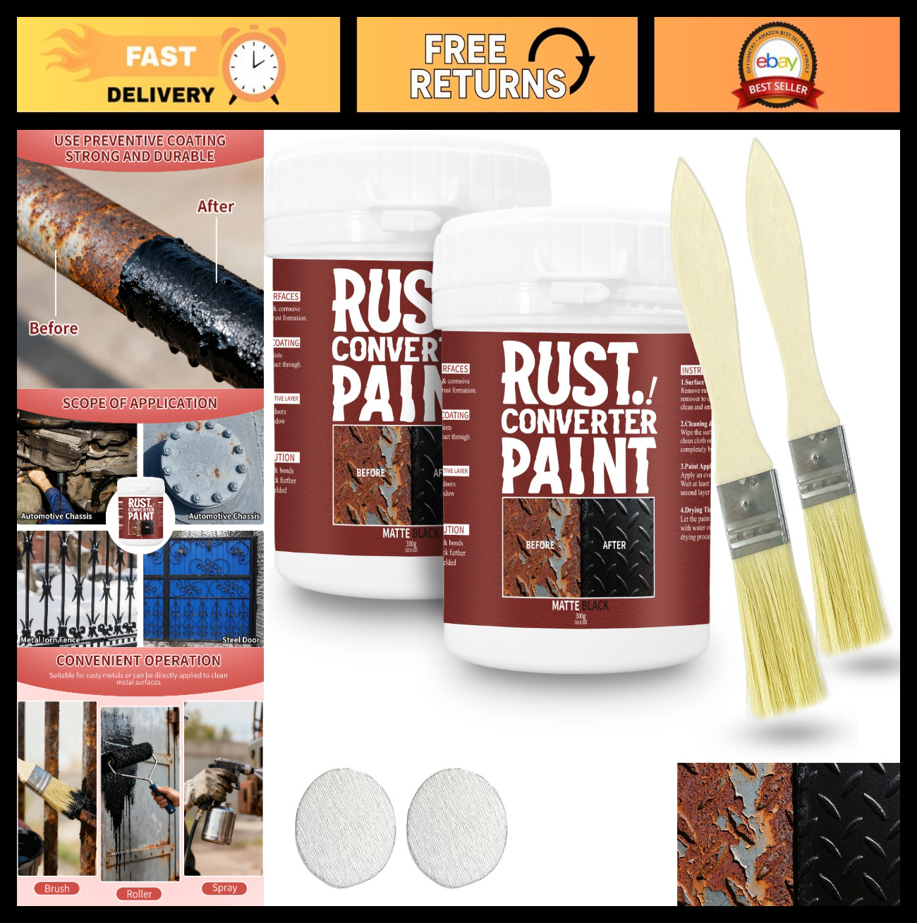 Rust Converter Paint for Metal – 10.5oz * 2, Weatherproof Anti-Rust Primer, Wate