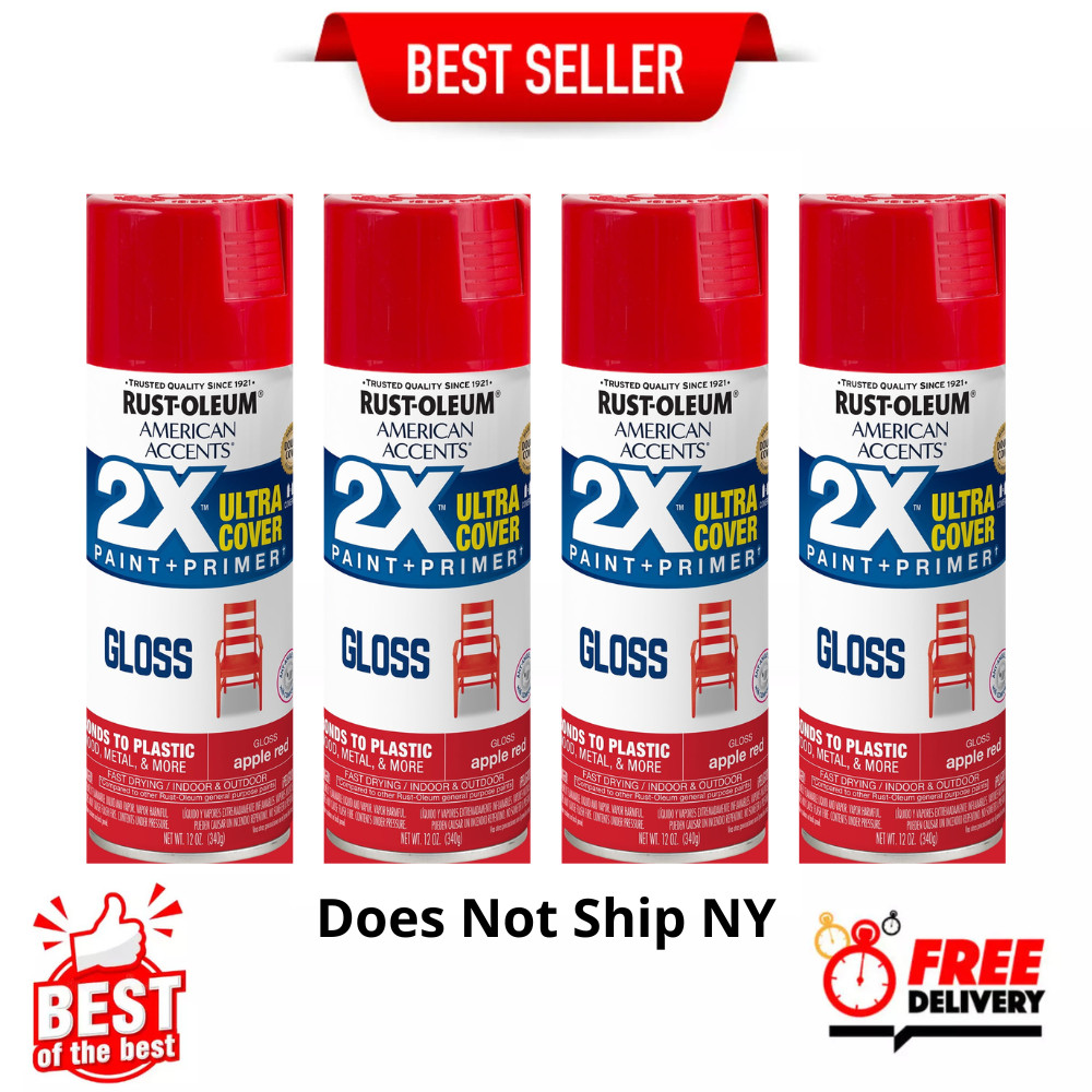 Rust-Oleum 2X Ultra Cover Gloss Spray Paint, Apple Red, 12 oz, 4 Pack, Fast Dry