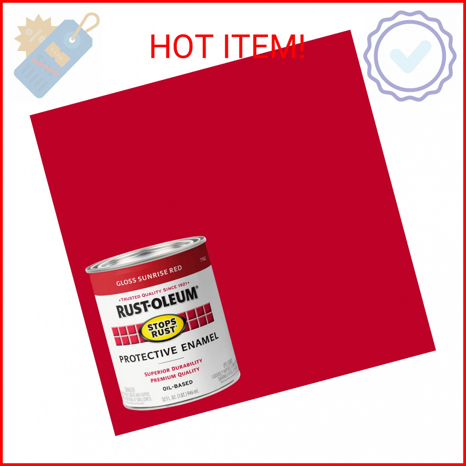 Rust-Oleum 7762502 Stops Rust Brush On Paint, Quart, Gloss Sunrise Red, (Pack of