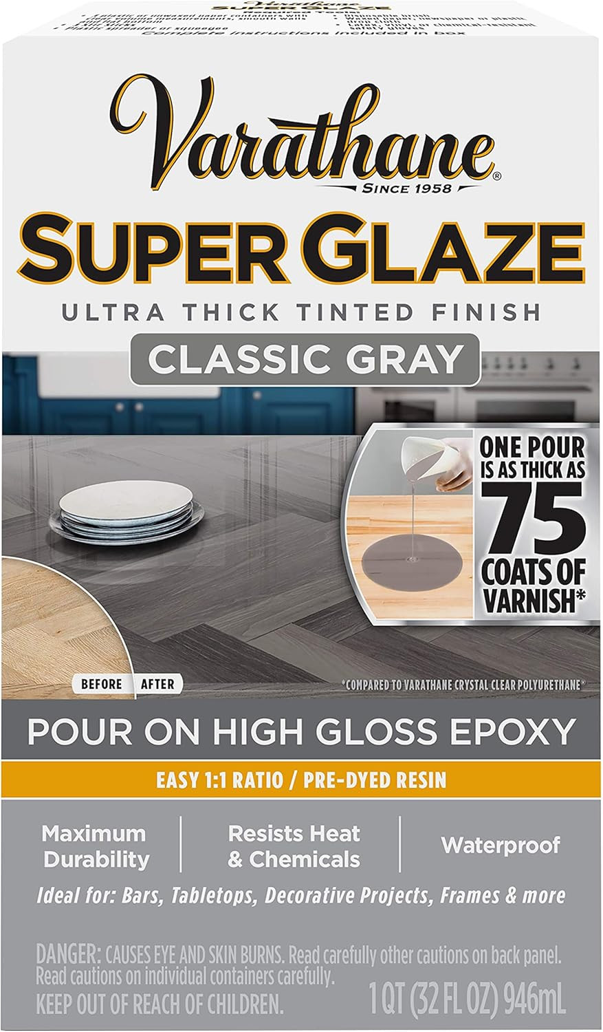 Varathane 363903 Super Glaze Pour-On High Gloss Epoxy, Quart, Classic Gray