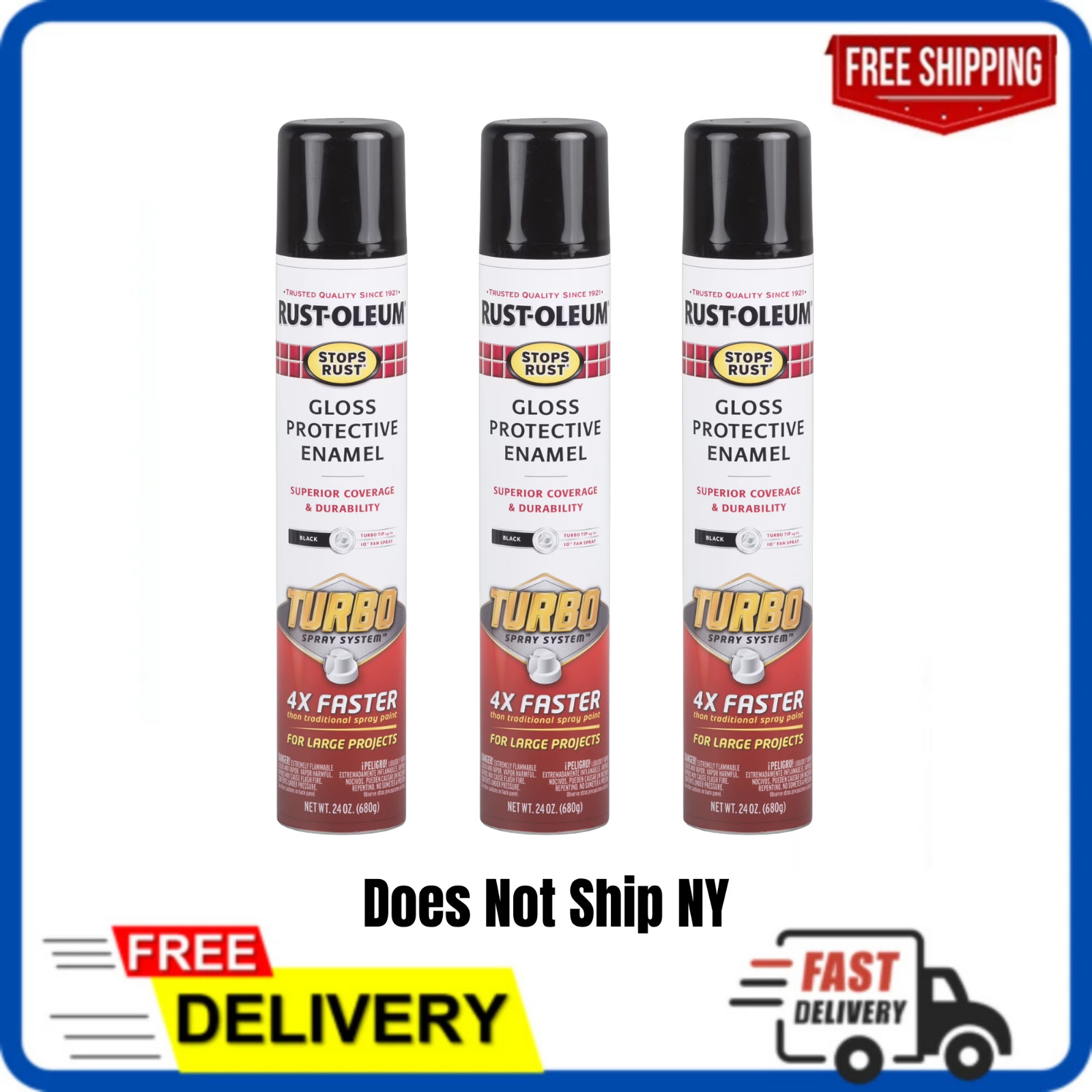 3 Pack Rust-Oleum Stops Rust Turbo Gloss Black Spray Paint 24 oz Can 334128 New
