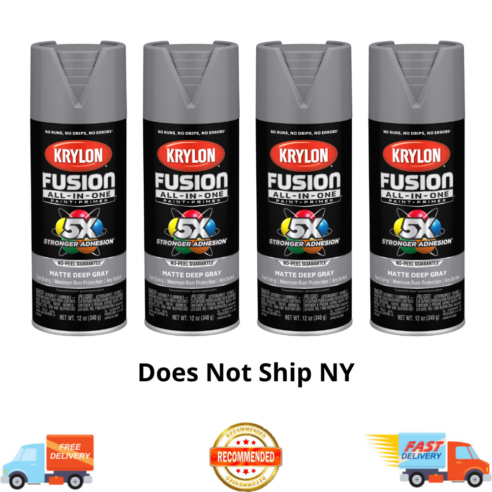 4 Pack Krylon Fusion All-In-One Spray Paint Deep Gray Matte 12 oz, Multi-Surface