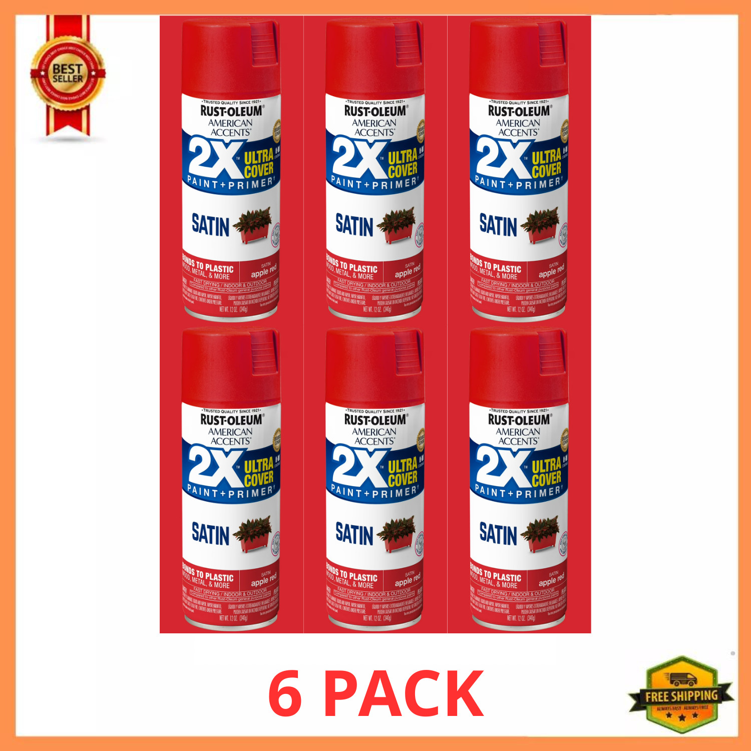 Rust-Oleum American Accents 2X Satin Apple Red Spray Paint 12oz 6 Pack
