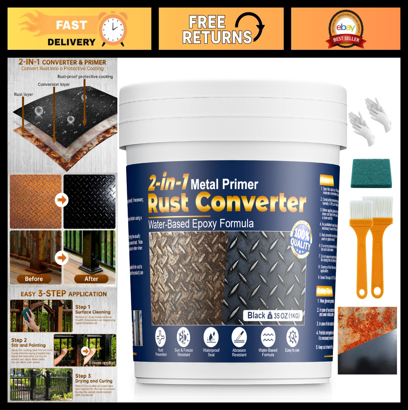 2-in-1 Rust Converter & Metal Primer – Black Rust Remover Paint, 35oz, UV Stable