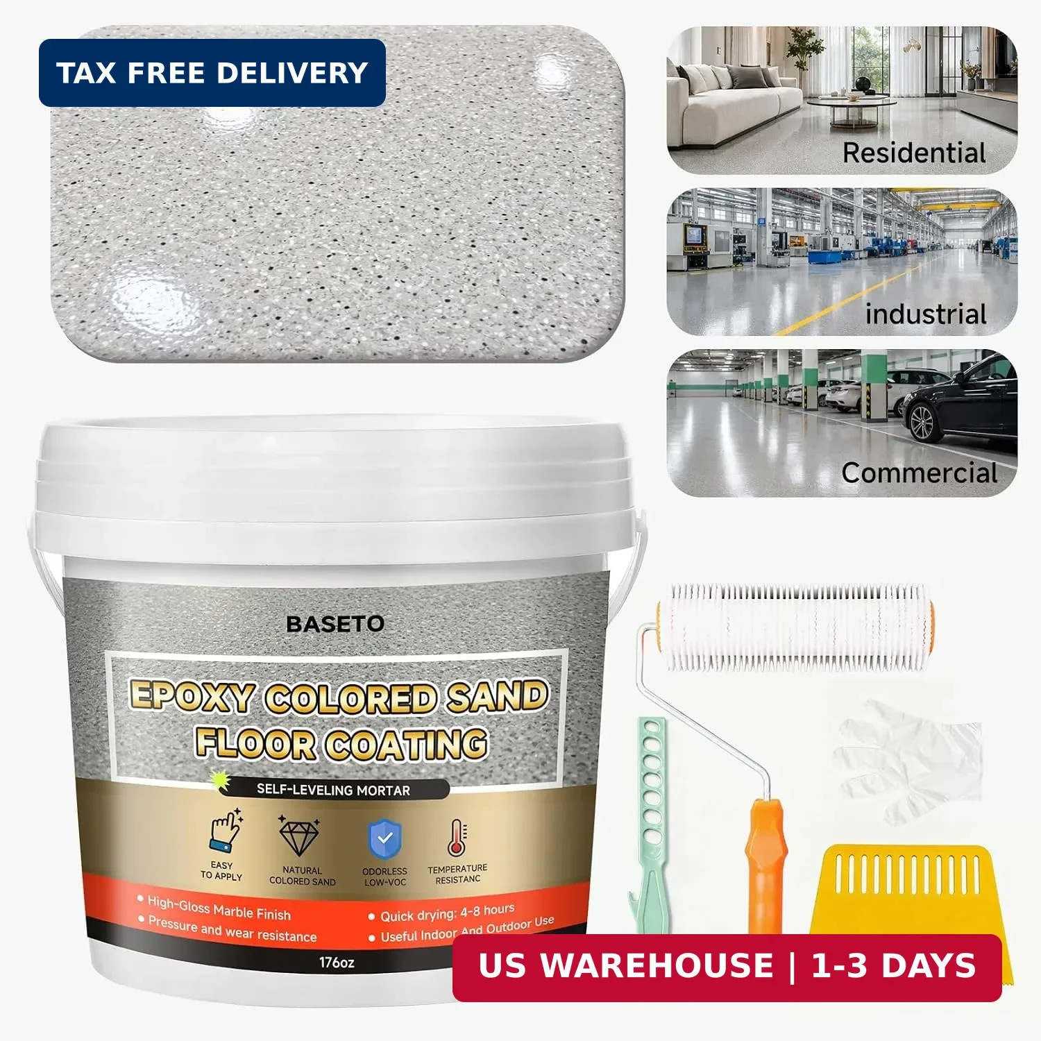 Epoxy Colored Sand Floor Paint-176 Fl Oz,Self-Leveling Epoxy High Gloss Coating,
