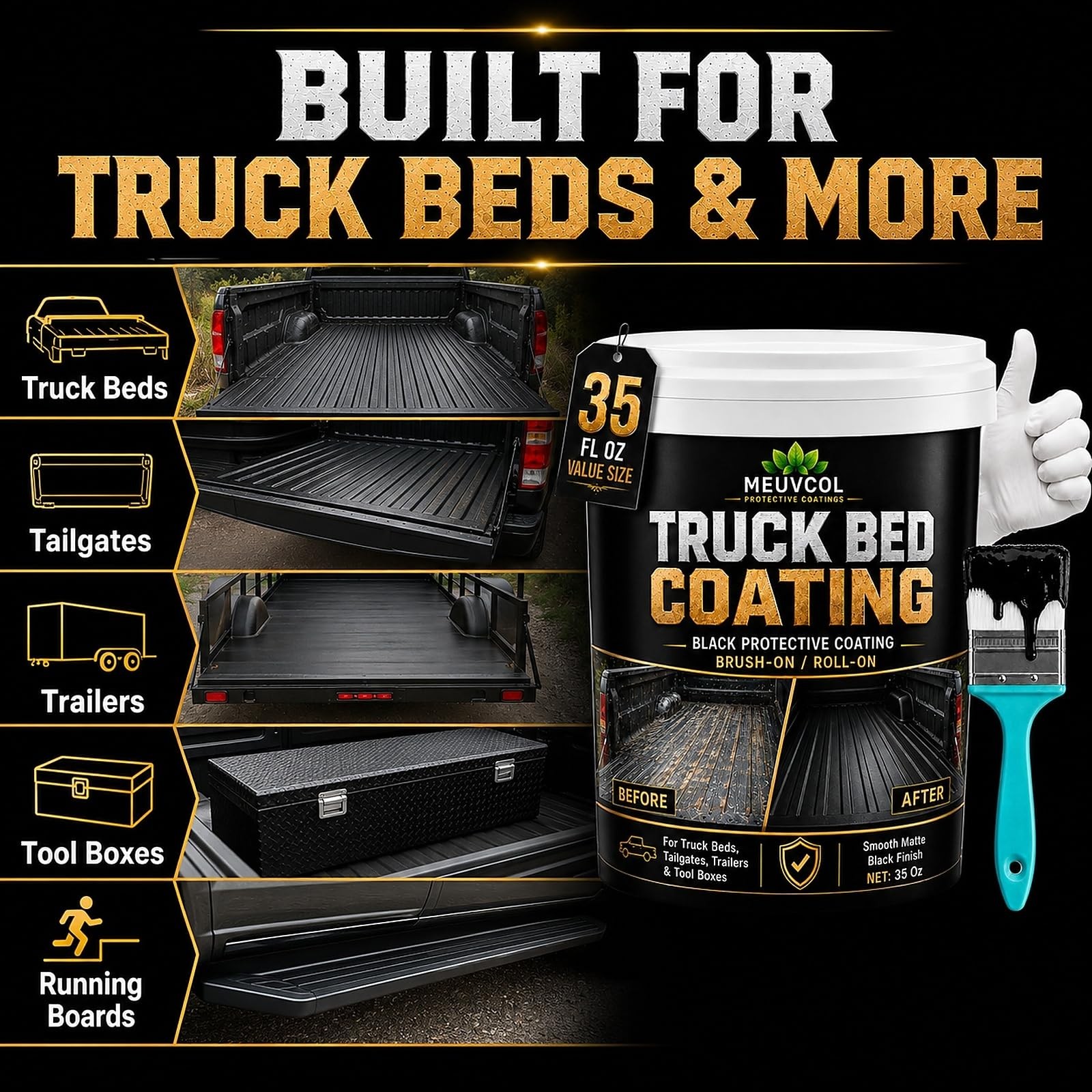 Meuvcol 35 Oz Black Truck Bed Liner Paint Brush Roll-On