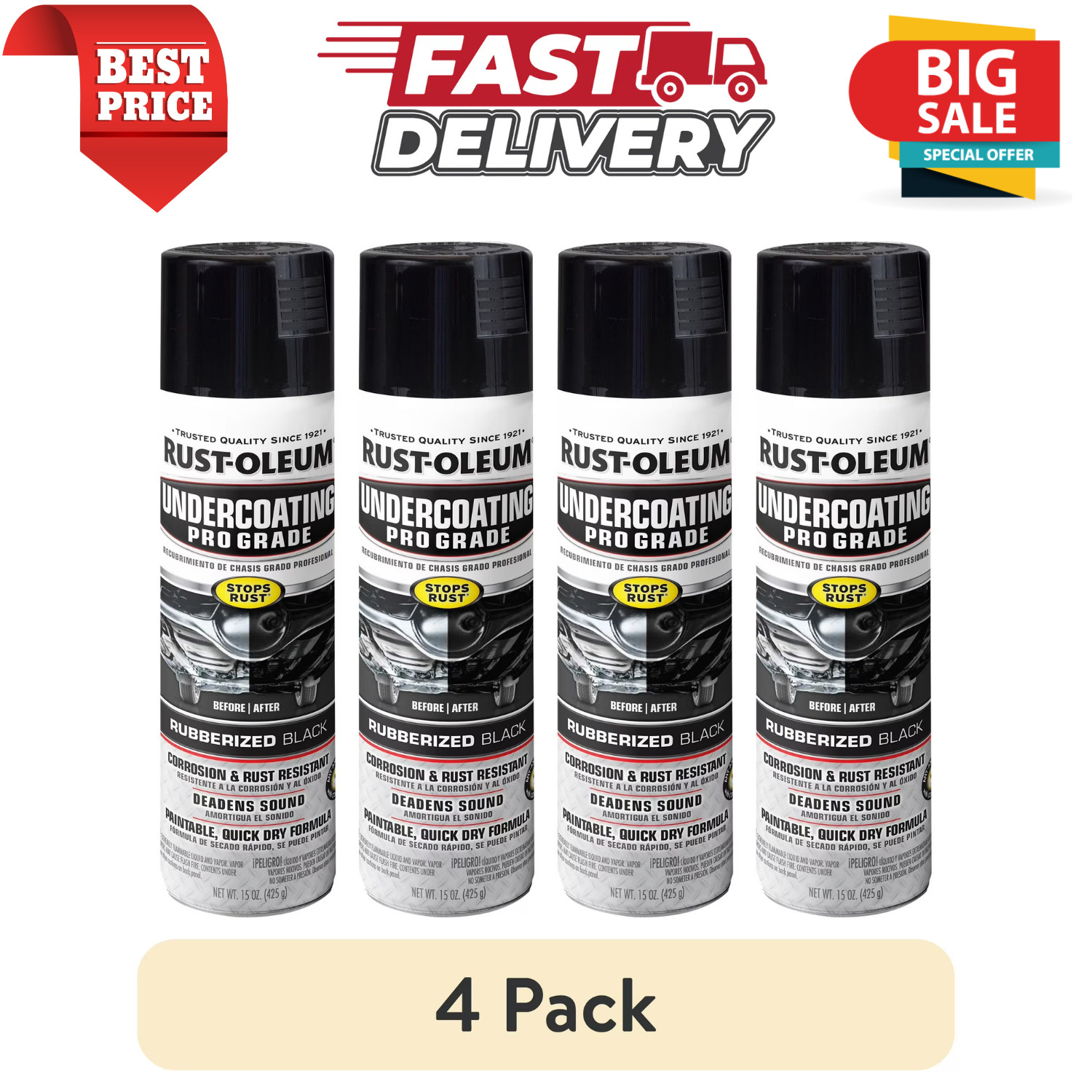 (4 Pk) Rust Oleum Rubberized Undercoating Spray Black Automotive Protective 15oz