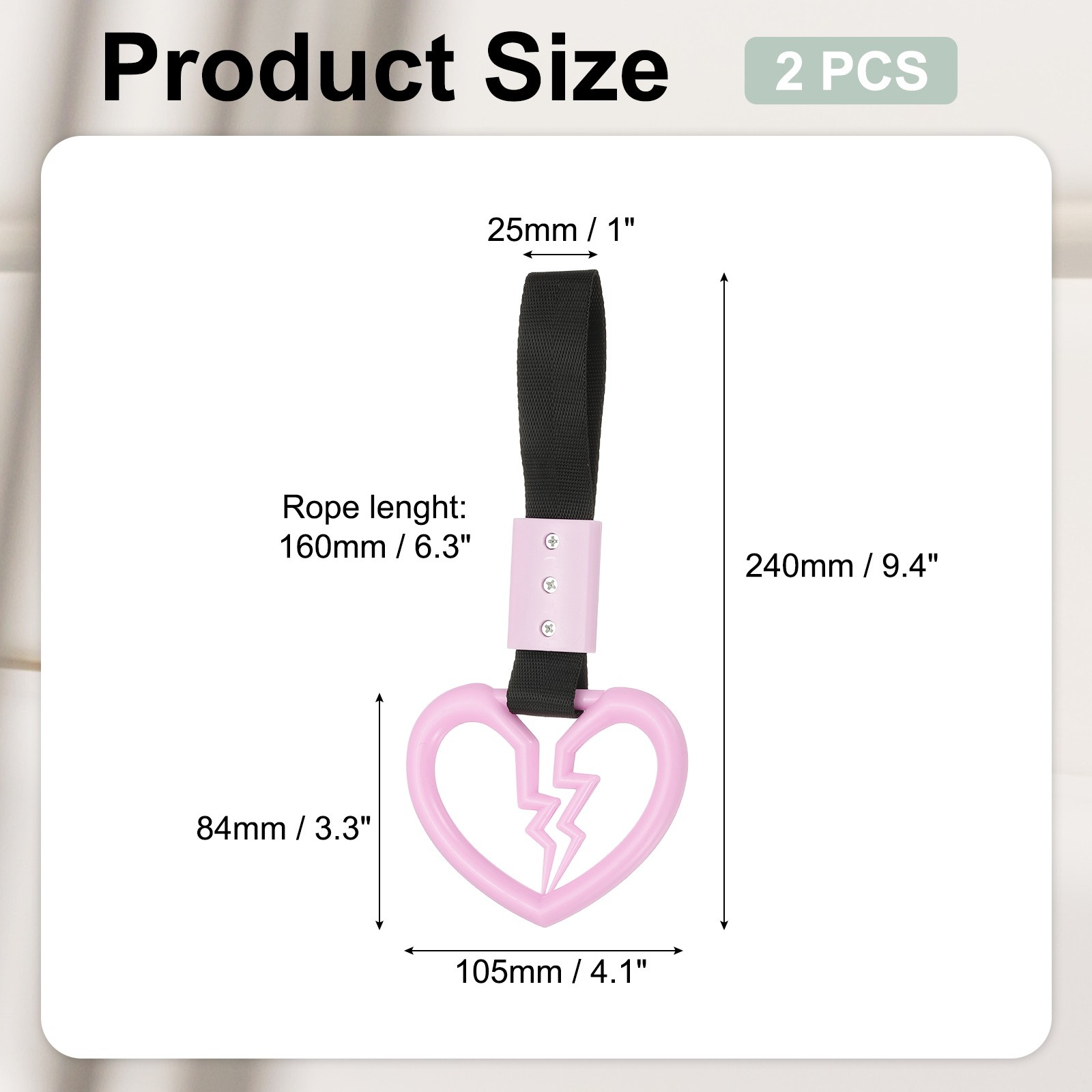 2Pcs Broken Heart Shaped Car Handle Straps for Auto, Pink