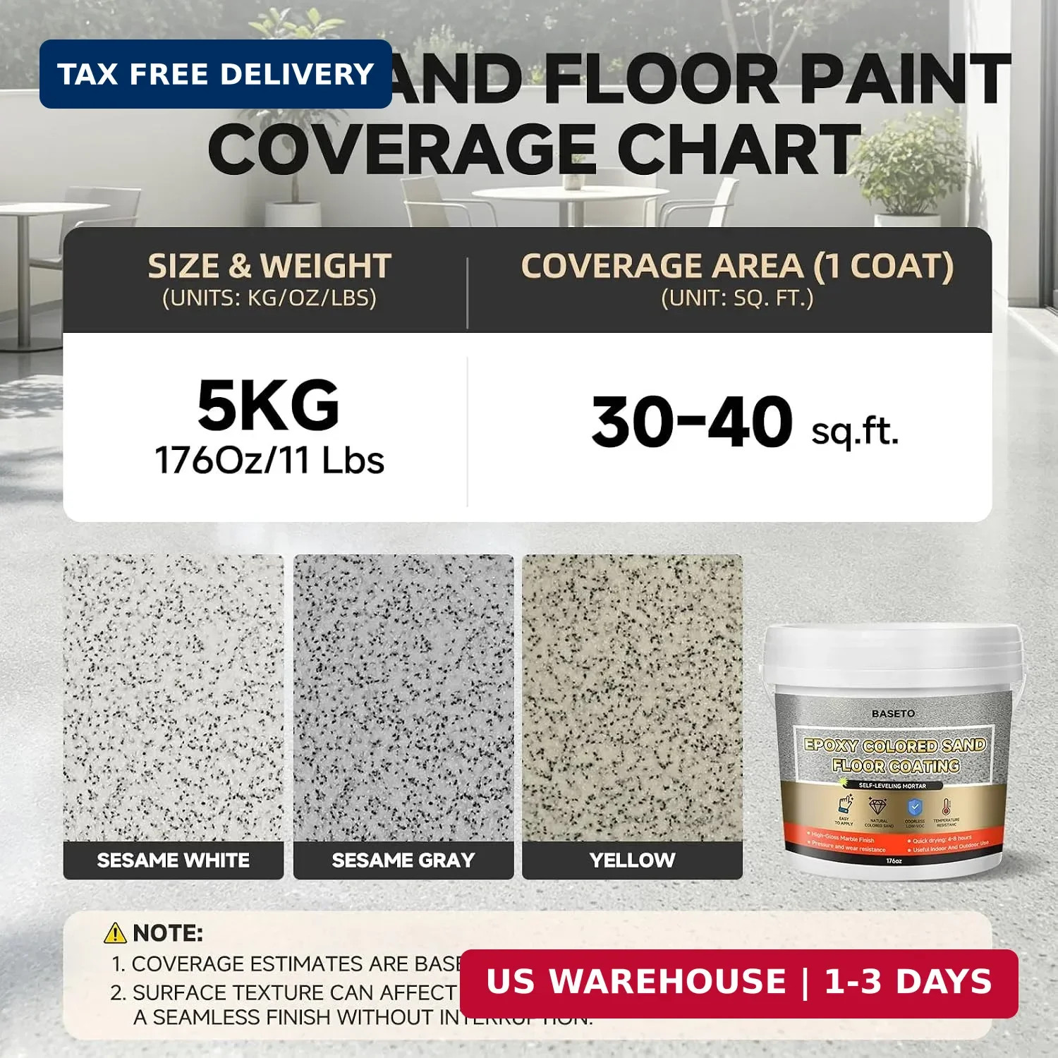 Epoxy Colored Sand Floor Paint-176 Fl Oz,Self-Leveling Epoxy High Gloss Coating,