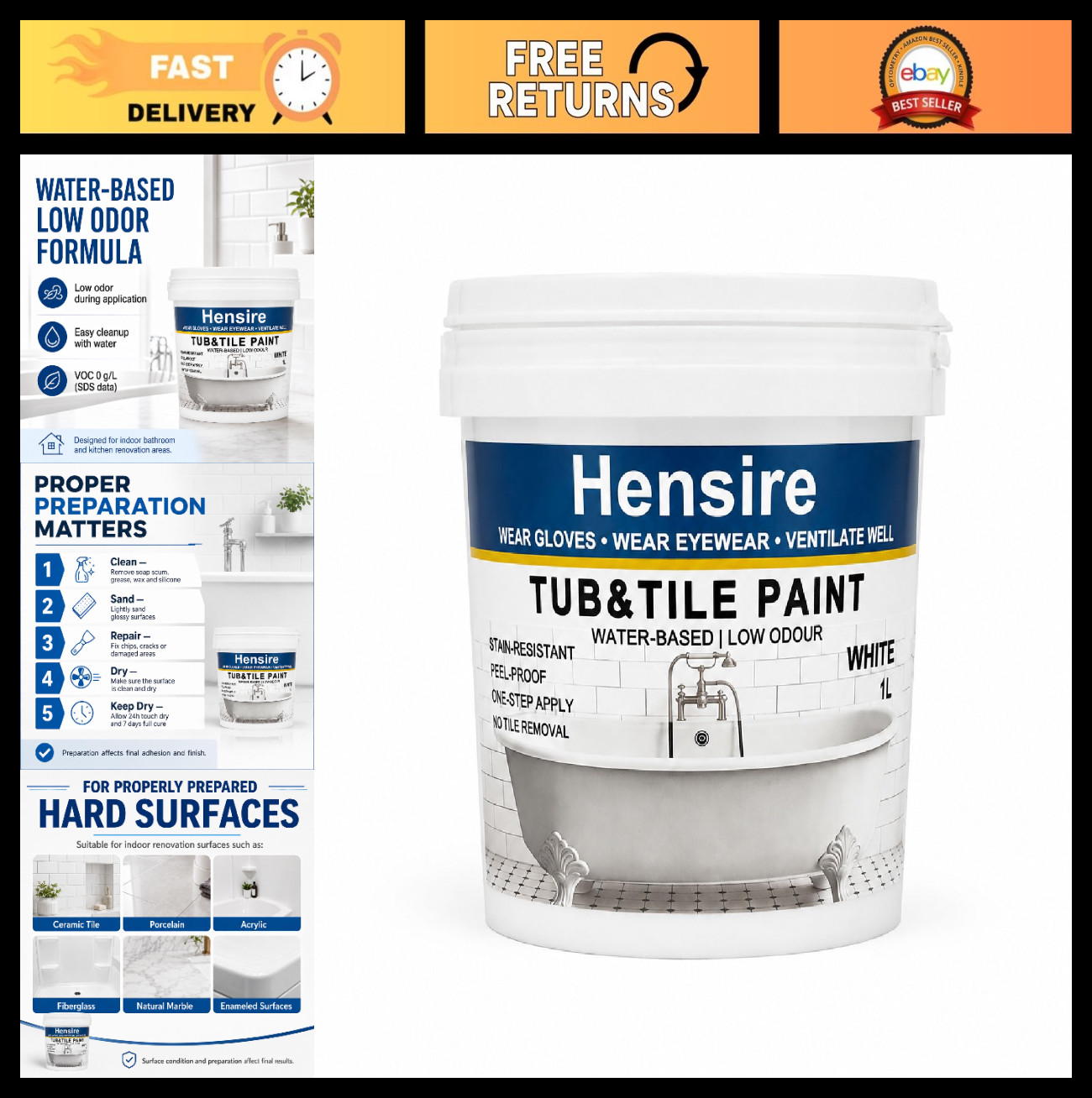 Water-Based Acrylic Bathtub & Tile Paint 35oz – Low Odor, Ready to Use, White