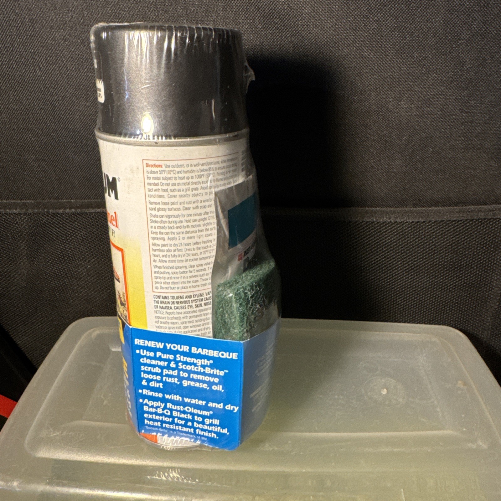 VTG RUSTOLEUM BAR-B-QUE BLACK HIGH HEAT ENAMEL SPRAY PAINT CAN/SCOTCH-BRITE PAD