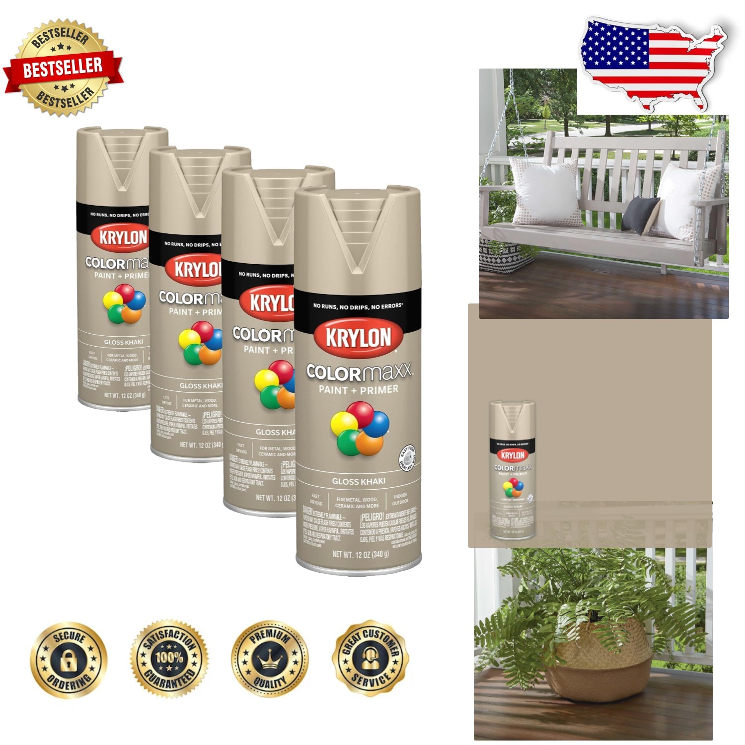 Krylon COLORmaxx Spray Paint Primer 4pk Gloss Khaki 12oz Rust Resistant Indoo…