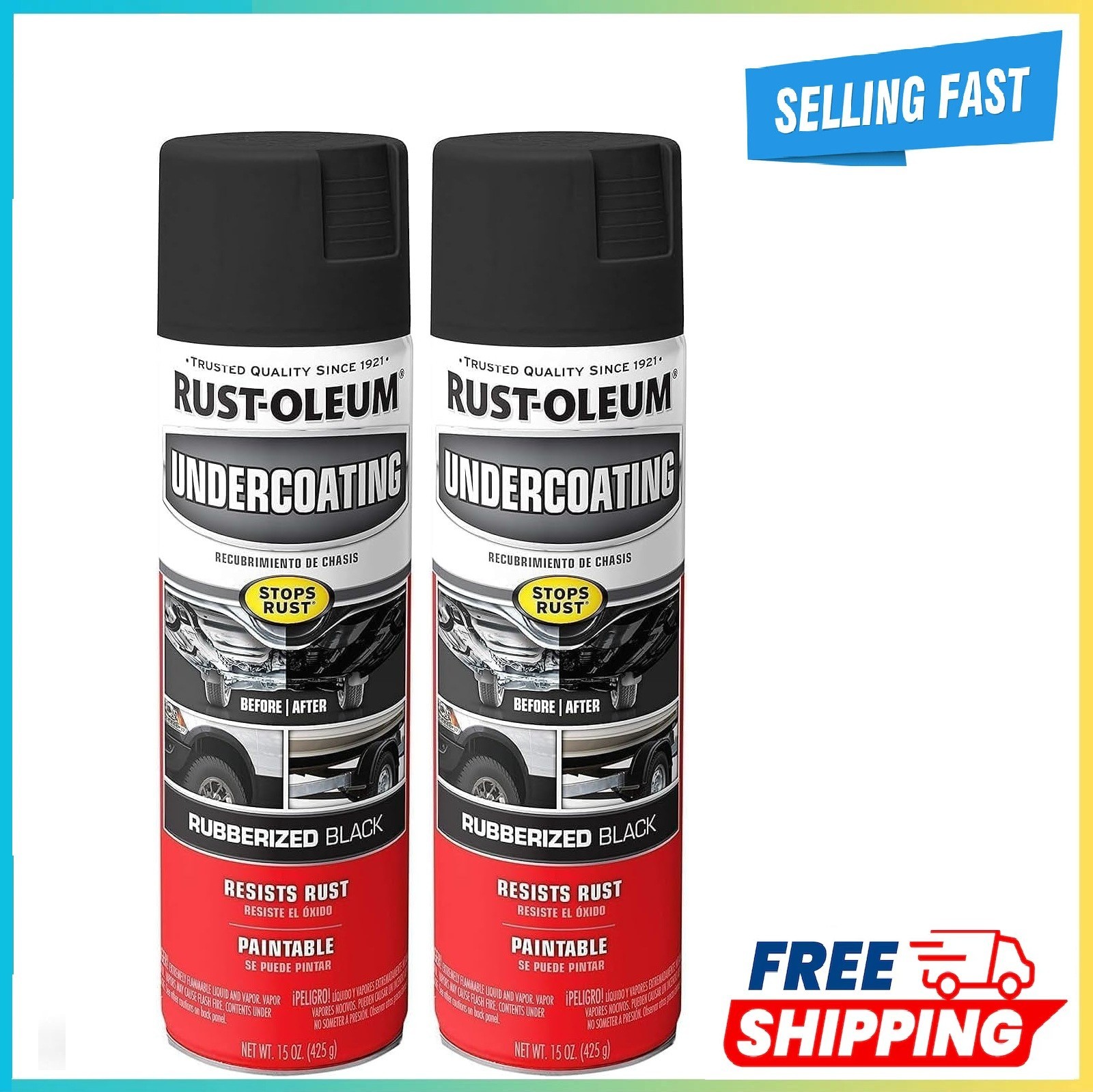 Rust-Oleum 248657 Rubberized Undercoating Spray, 15 oz, Black (Pack of 2)