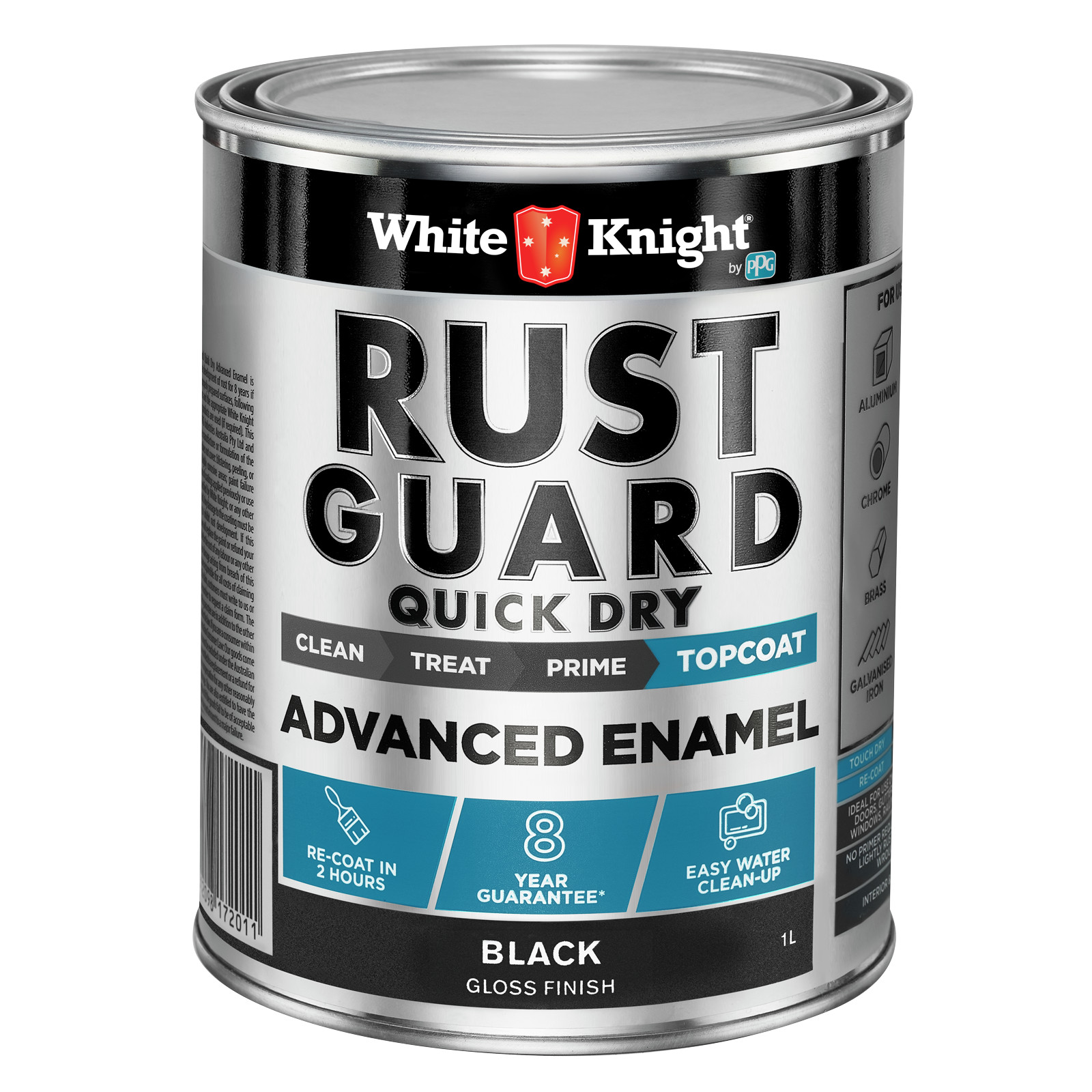 White Knight Rust Guard 1L Black Gloss Quick Dry Advanced Enamel Paint