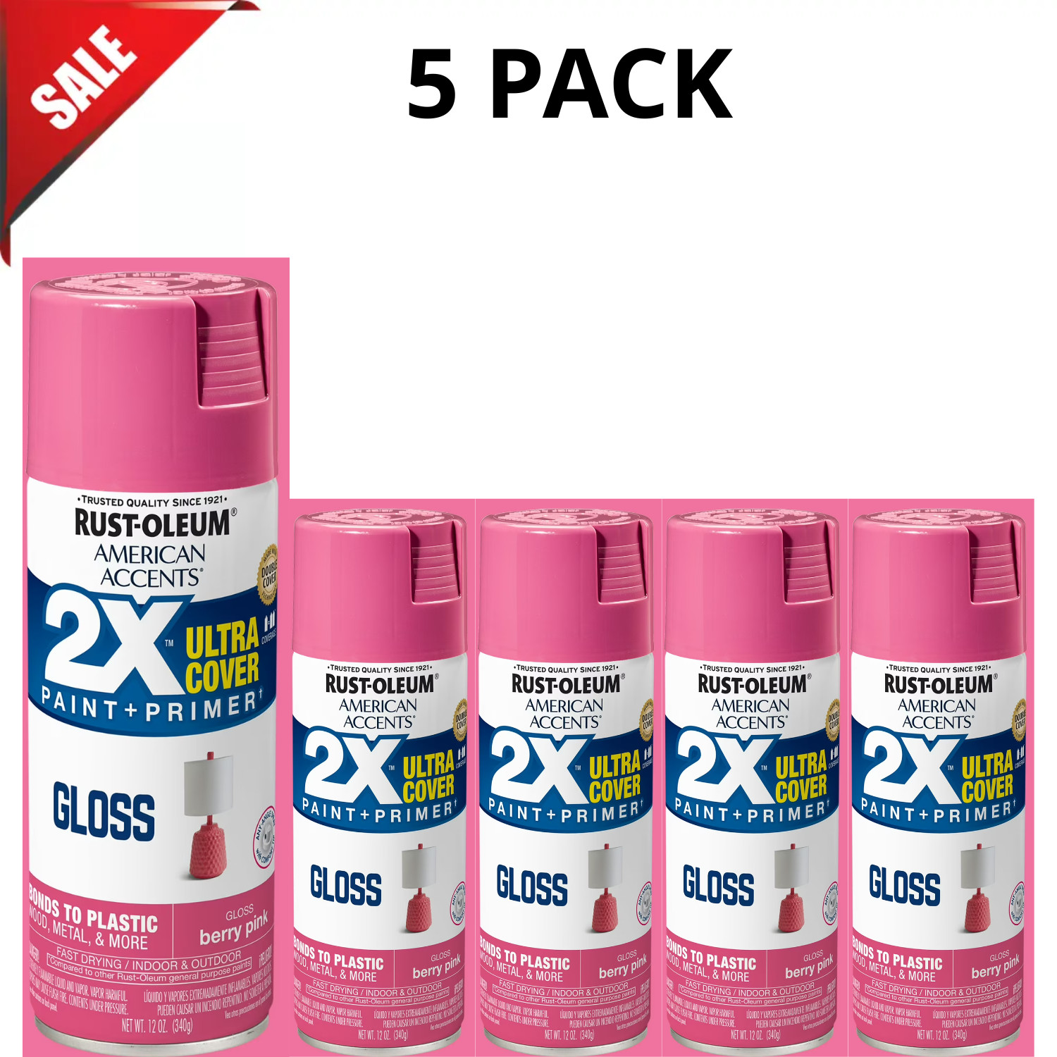 Rust-Oleum 2X Ultra Cover Gloss Spray Paint Berry Pink 12 oz, 5 Pack