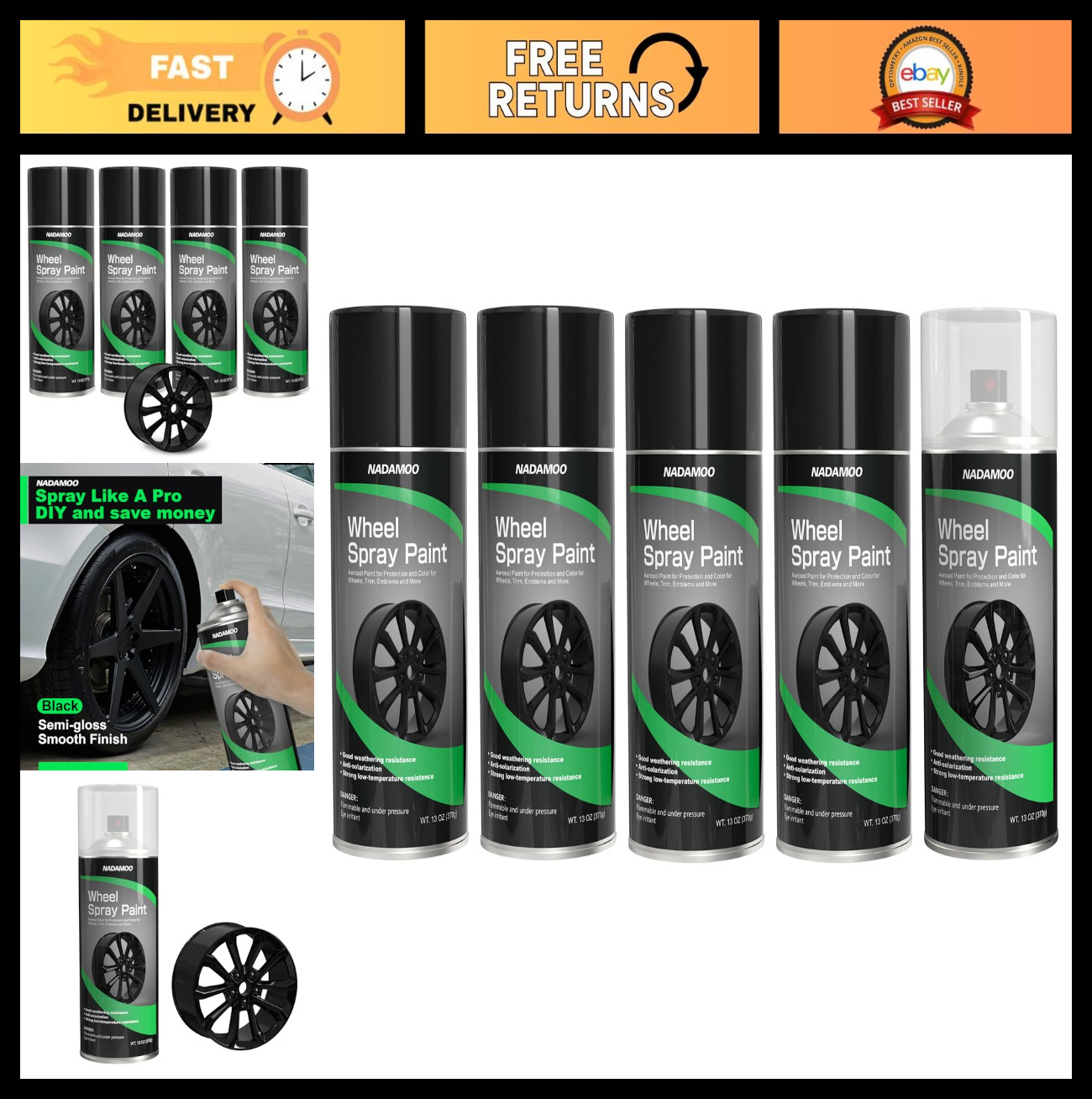 Clear Protective Topcoat & Semi-Gloss Black Wheel Rim Spray Paint – 4 Cans