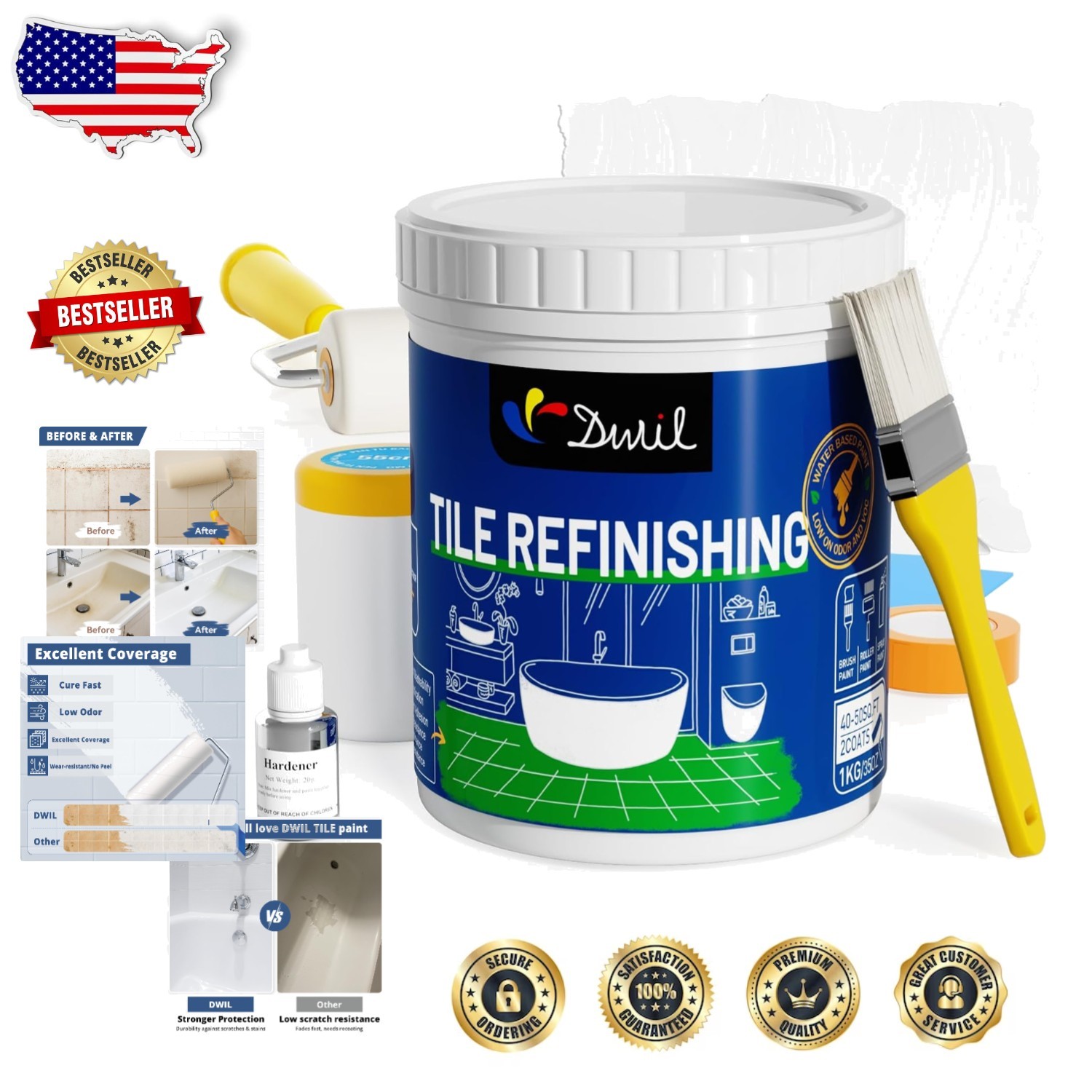 Tub Paint Kit: White Acrylic Bathtub Refinishing, Low Odor, Waterproof, 35oz