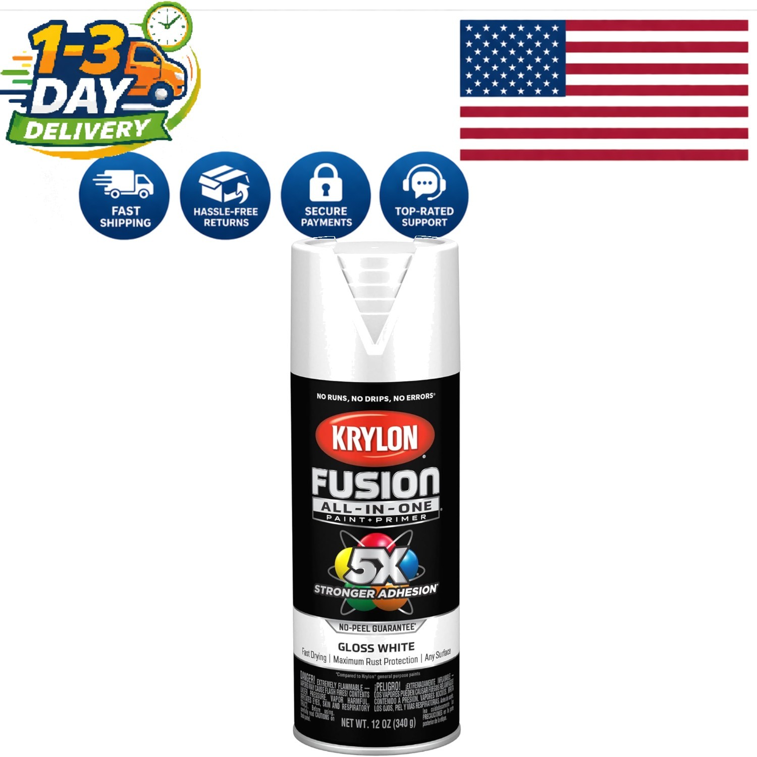 All-In-One 12 oz Adhesive Spray Paint for Metal and Wood – White Gloss Finish