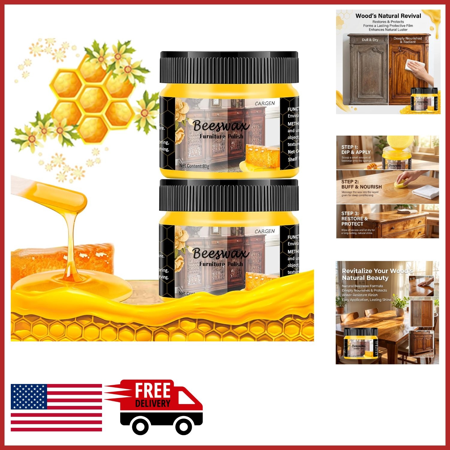 Beeswax Furniture Polish 2 Pack Natural Wood Wax Cleaner for Cabinets & Floors