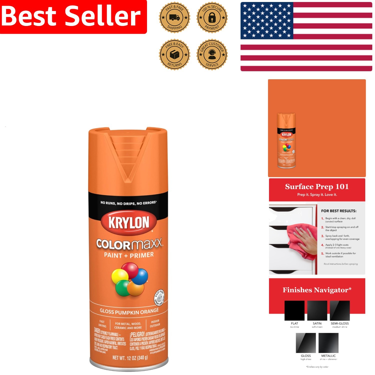 Gloss Pumpkin Orange 12oz Spray Paint Krylon ColorMaxx Fast Dry Rust Protection
