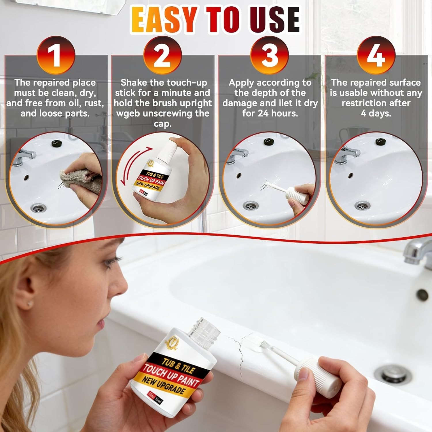 White Acrylic Touch-Up Paint Waterproof Semi-Gloss for Bathtubs Sinks Tiles