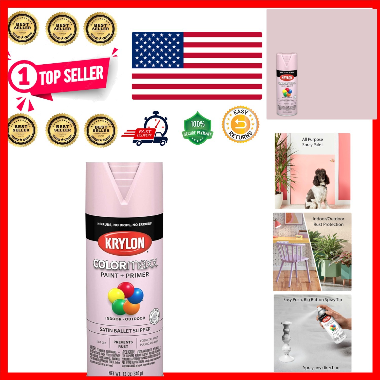 Fast-Drying Satin Spray Paint & Primer – Ballet Slipper Pink, 12oz