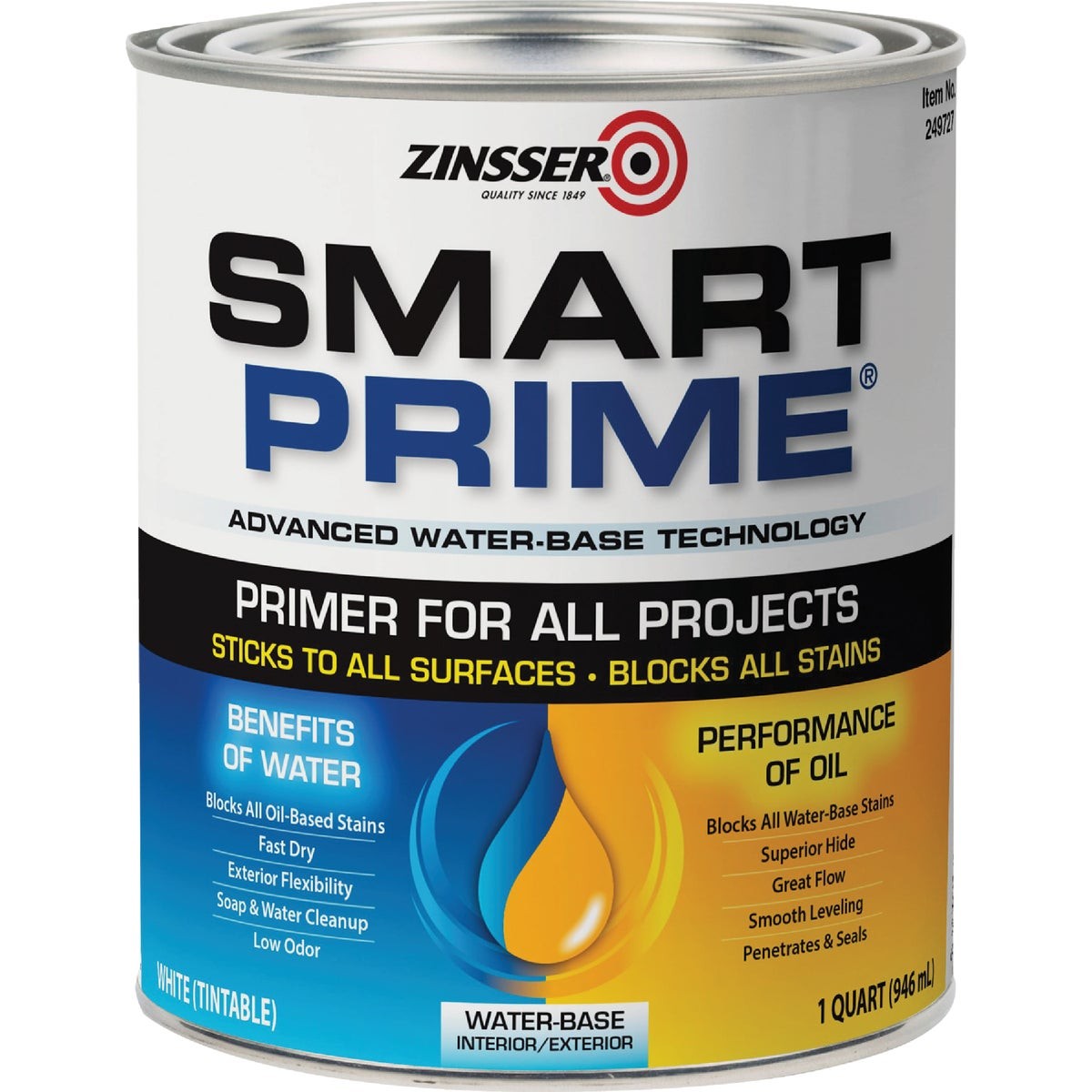 Zinsser Smart Prime Water-Base Interior/Exterior Stain Blocking Primer, White, 1