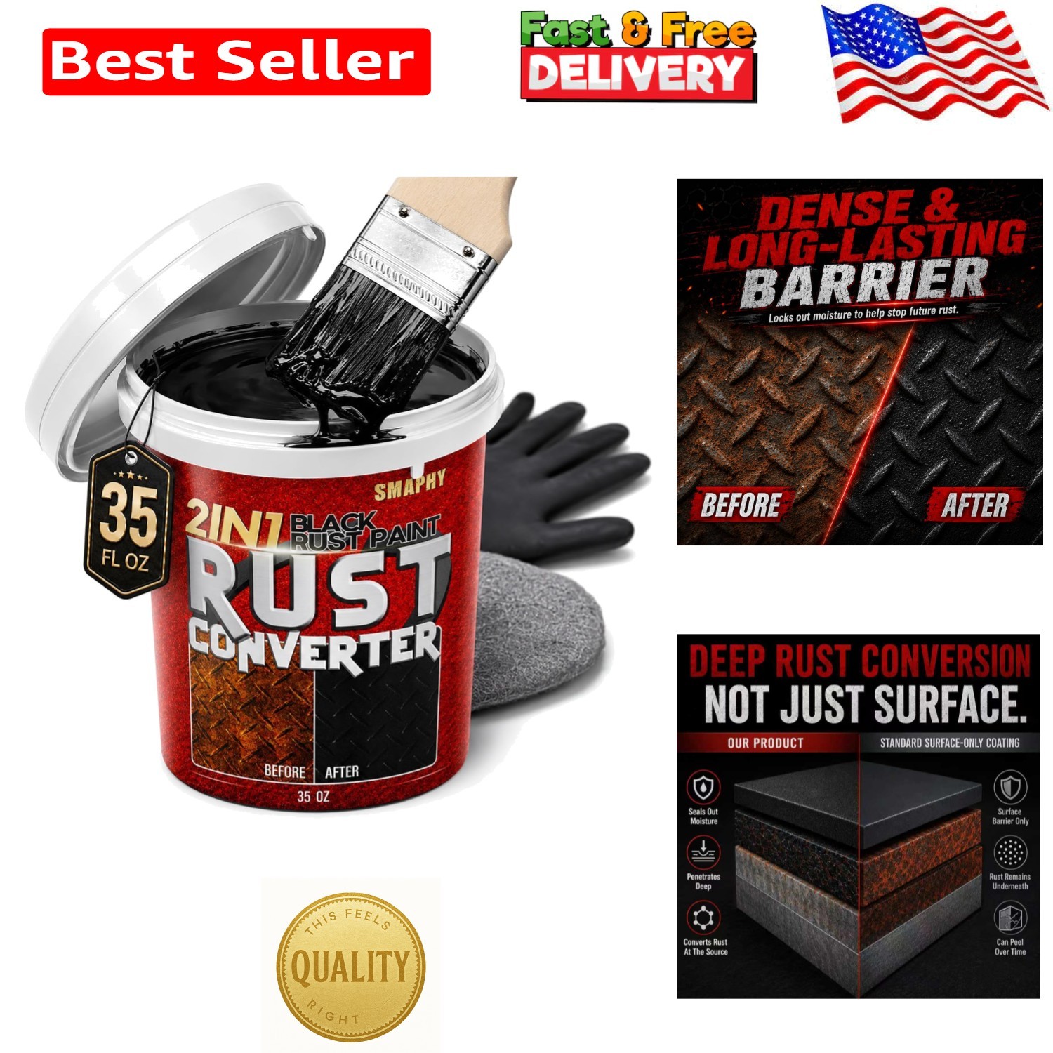 2 in 1 Rust Converter & Metal Primer, 35 oz Black Rust Reformer Paint for Met…