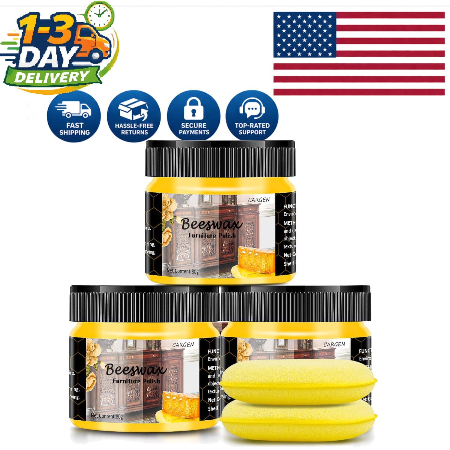 3 Pack Beeswax Furniture Polish with Applicator Sponges – Natural Wood Care
