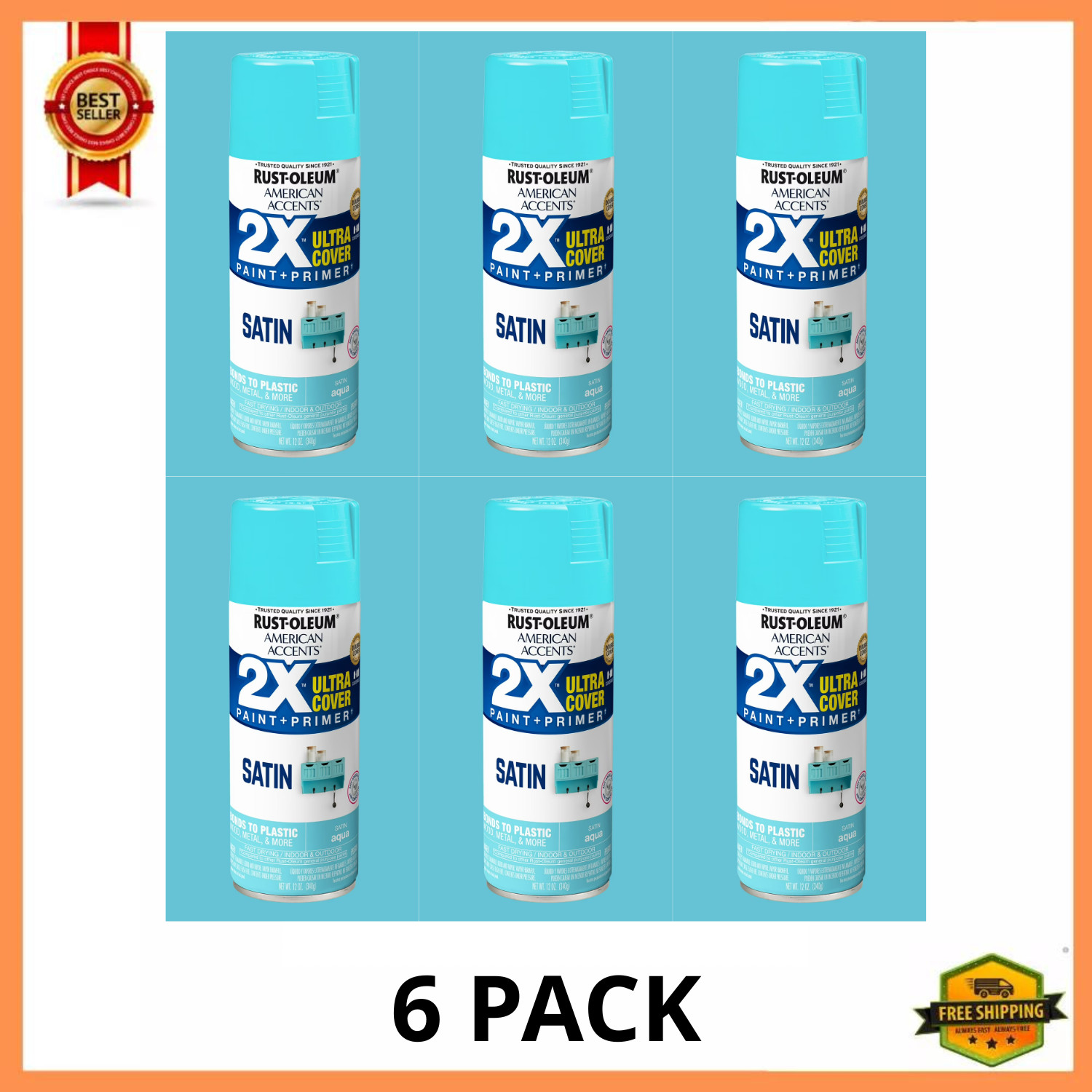 Rust-Oleum American Accents 2X Ultra Cover Satin Spray Paint Aqua 12 oz 6 Pack