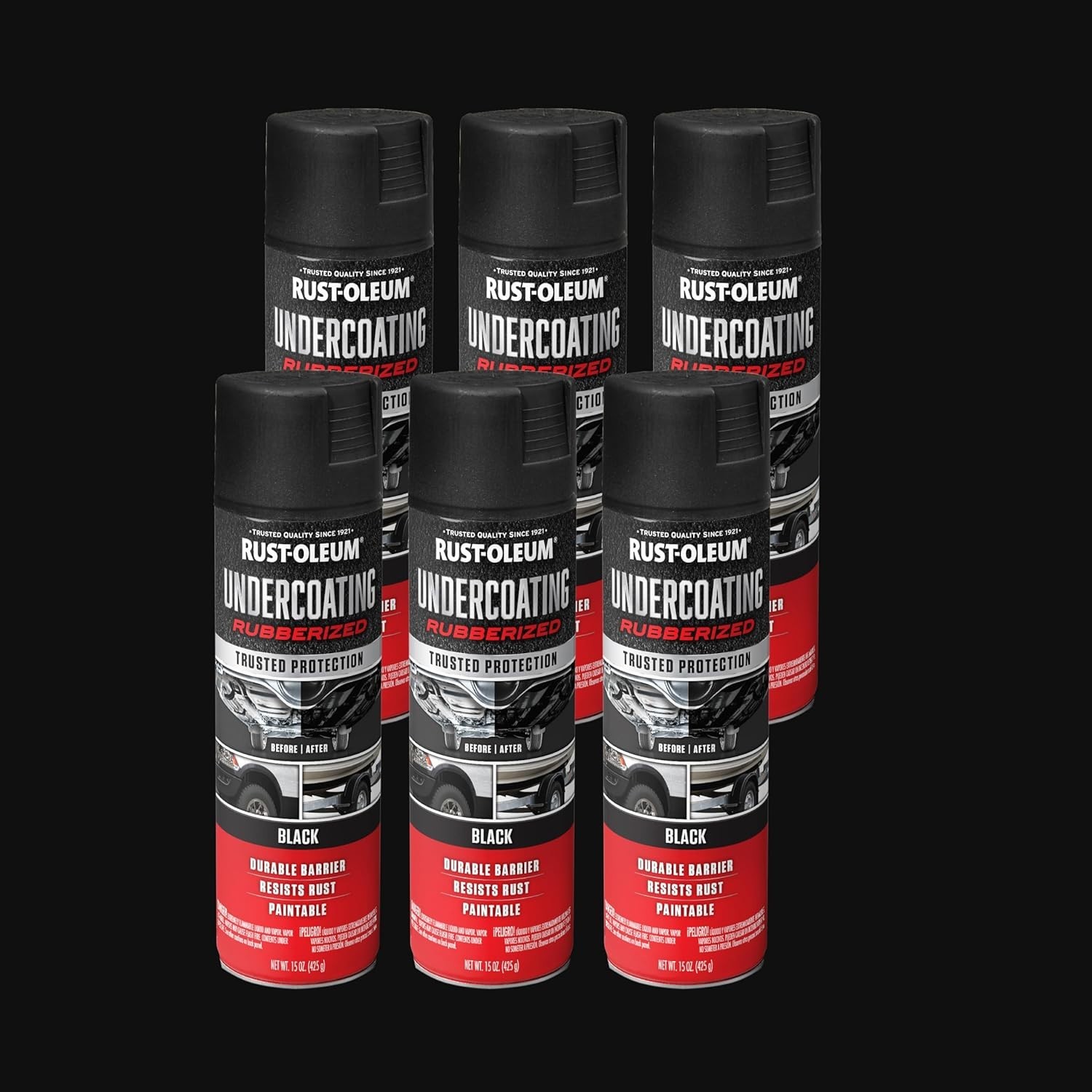 248657-6PK Stops Rust Undercoating Spray, 15 Oz, Rubberized Black, 6 Pack