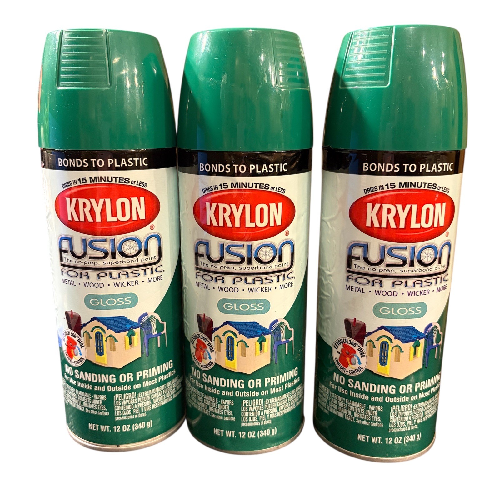 Lot of 3- Krylon Fusion Gloss Spring Grass for Plastic Spray Paint 12 oz each