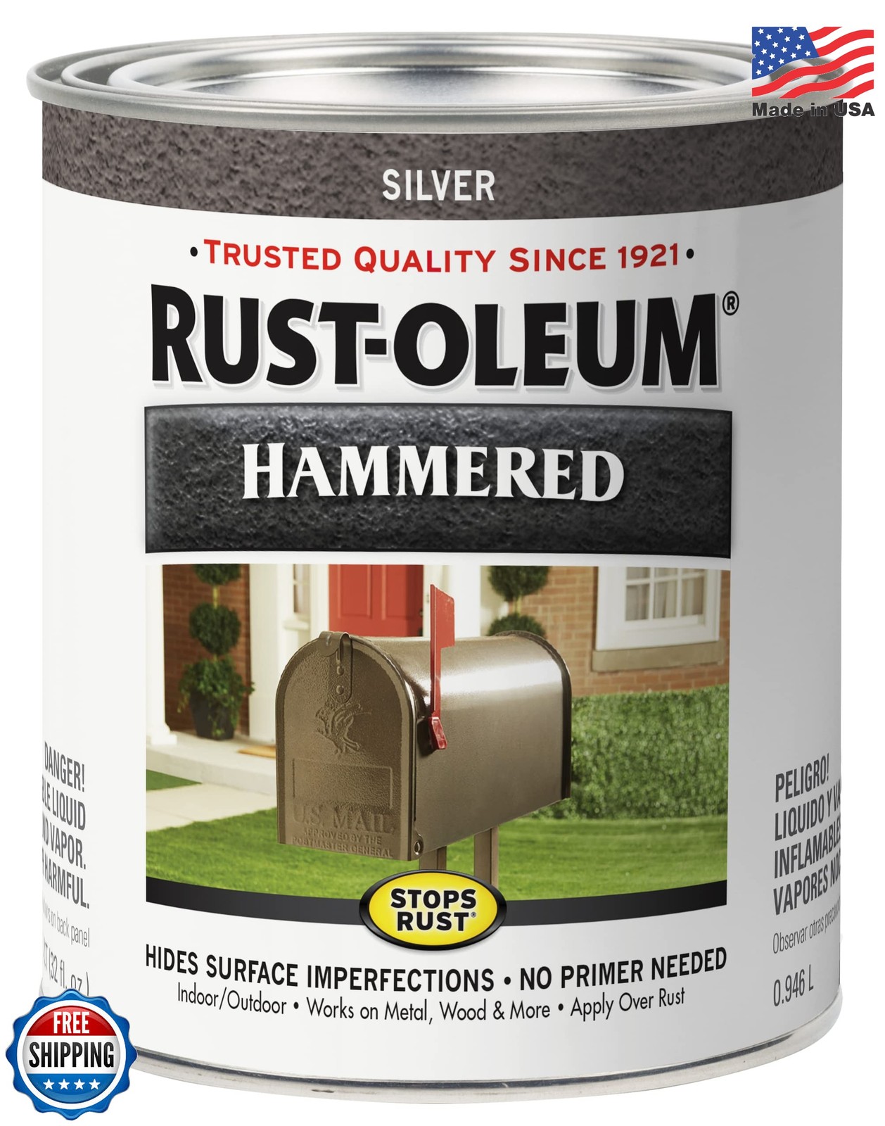 Rust-Oleum 7213502 Stops Rust Hammered Finish Paint, Quart, Silver