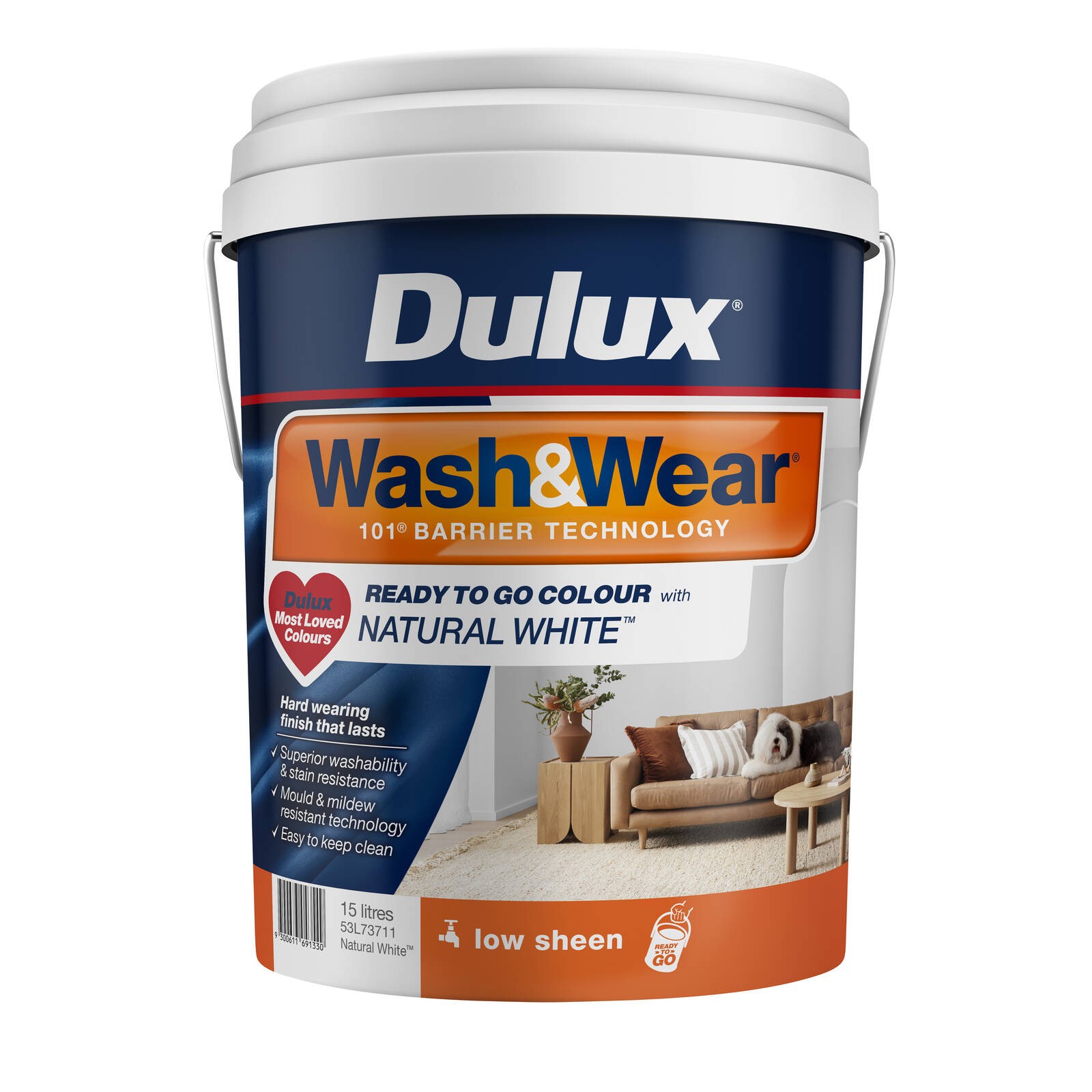 Dulux 15L Natural White Low Sheen Ready To Go Colour Wash&Wear Interior Paint