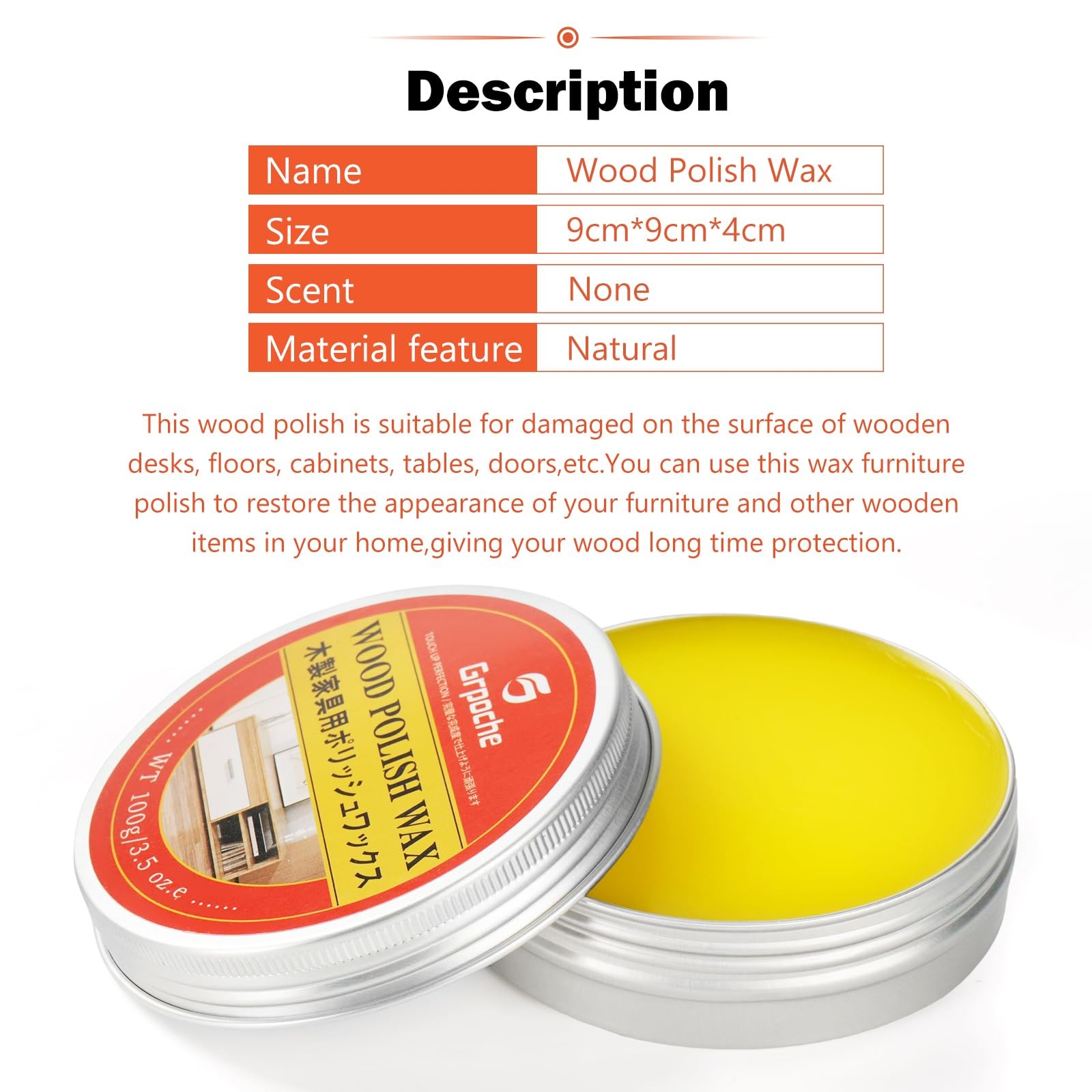 Grpoche Wood Wax for Furniture, Paste Floor Polish, 3.5 OZ