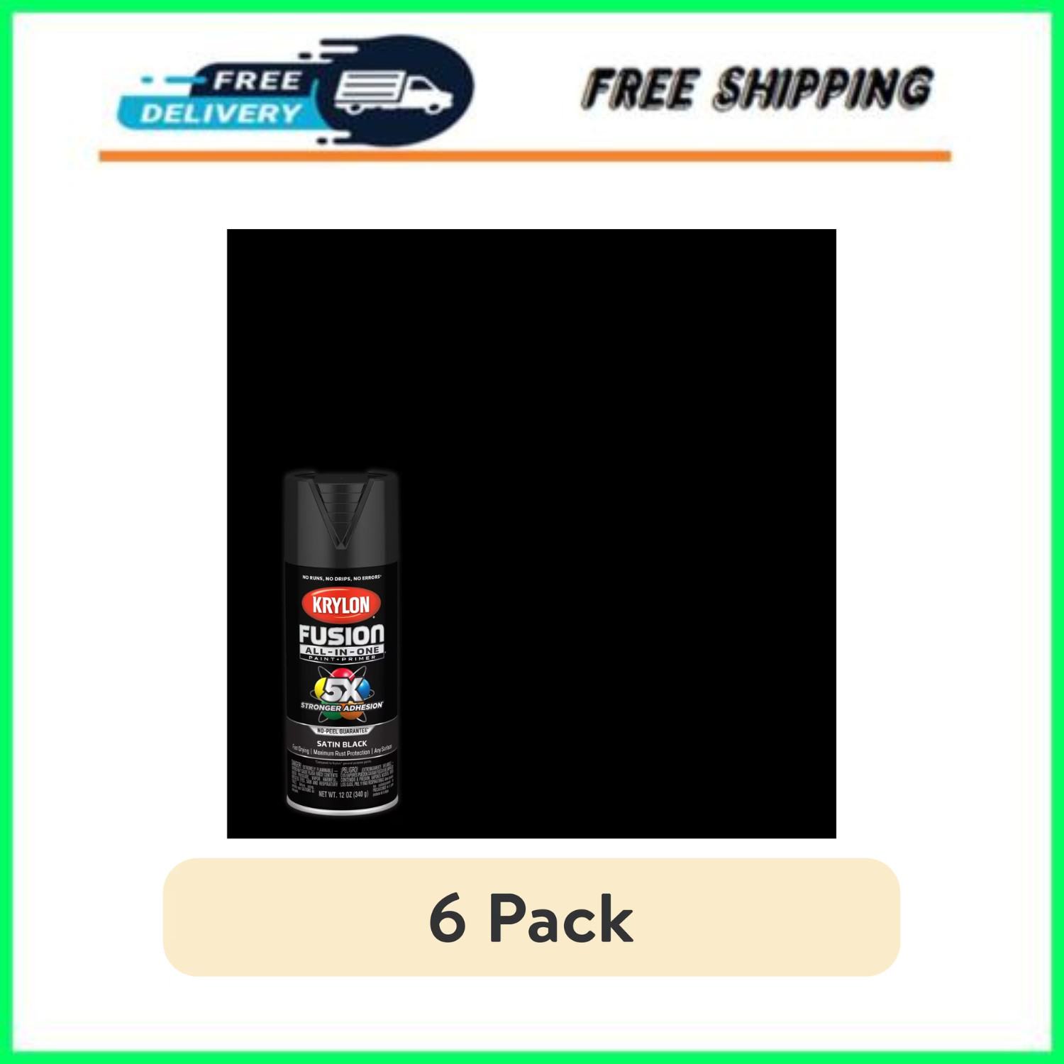 Krylon Fusion All-In-One, Satin, Black, 12 oz, 6 Pack
